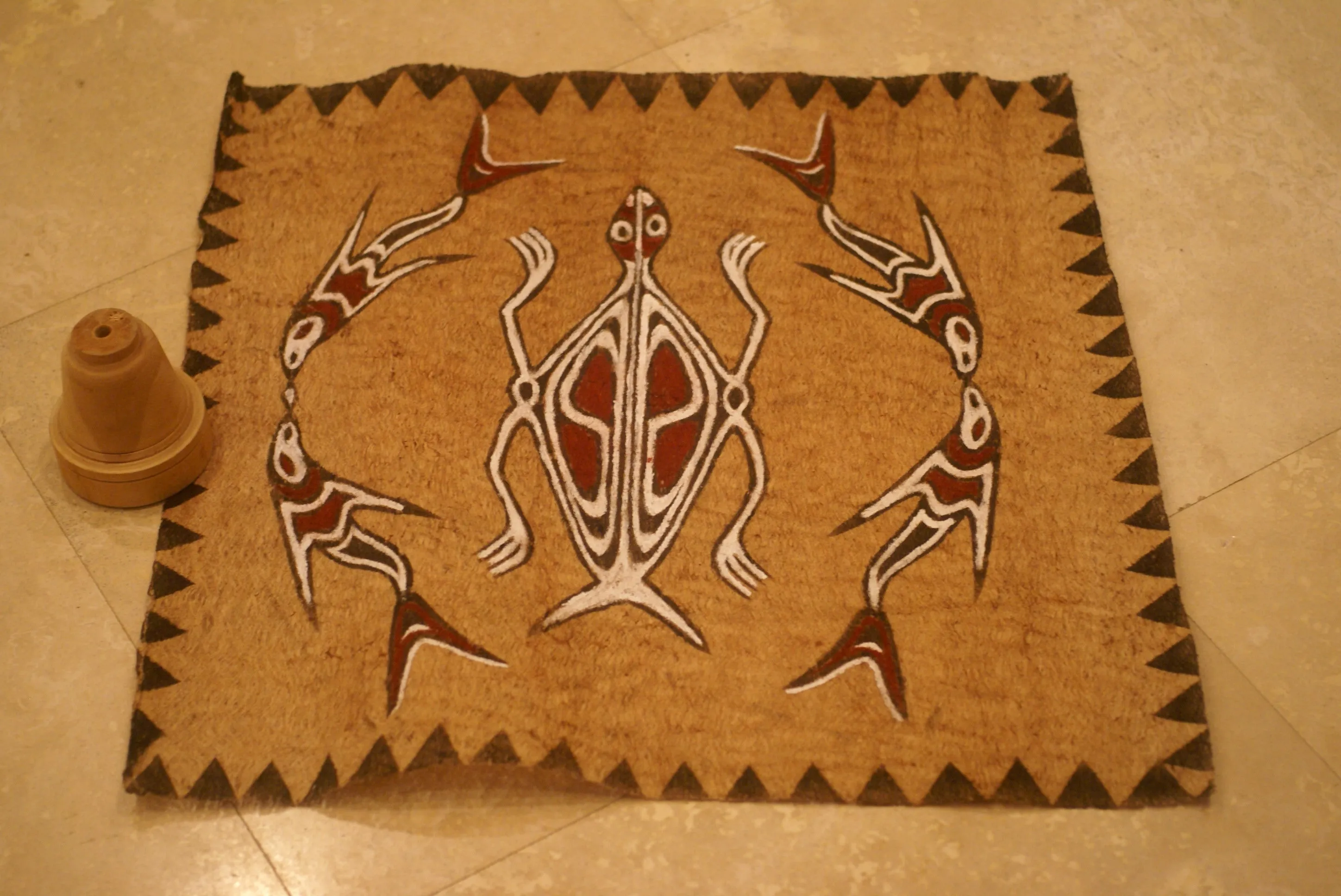 Rare Tapa Bark Cloth (Kapa in Hawaii), from Lake Sentani, Irian Jaya, Papua New Guinea. Hand painted by a Tribal Artist with natural pigments: Spiritual Stylized Motifs of fish and water bugs. 21" x 20,5" (no 38)