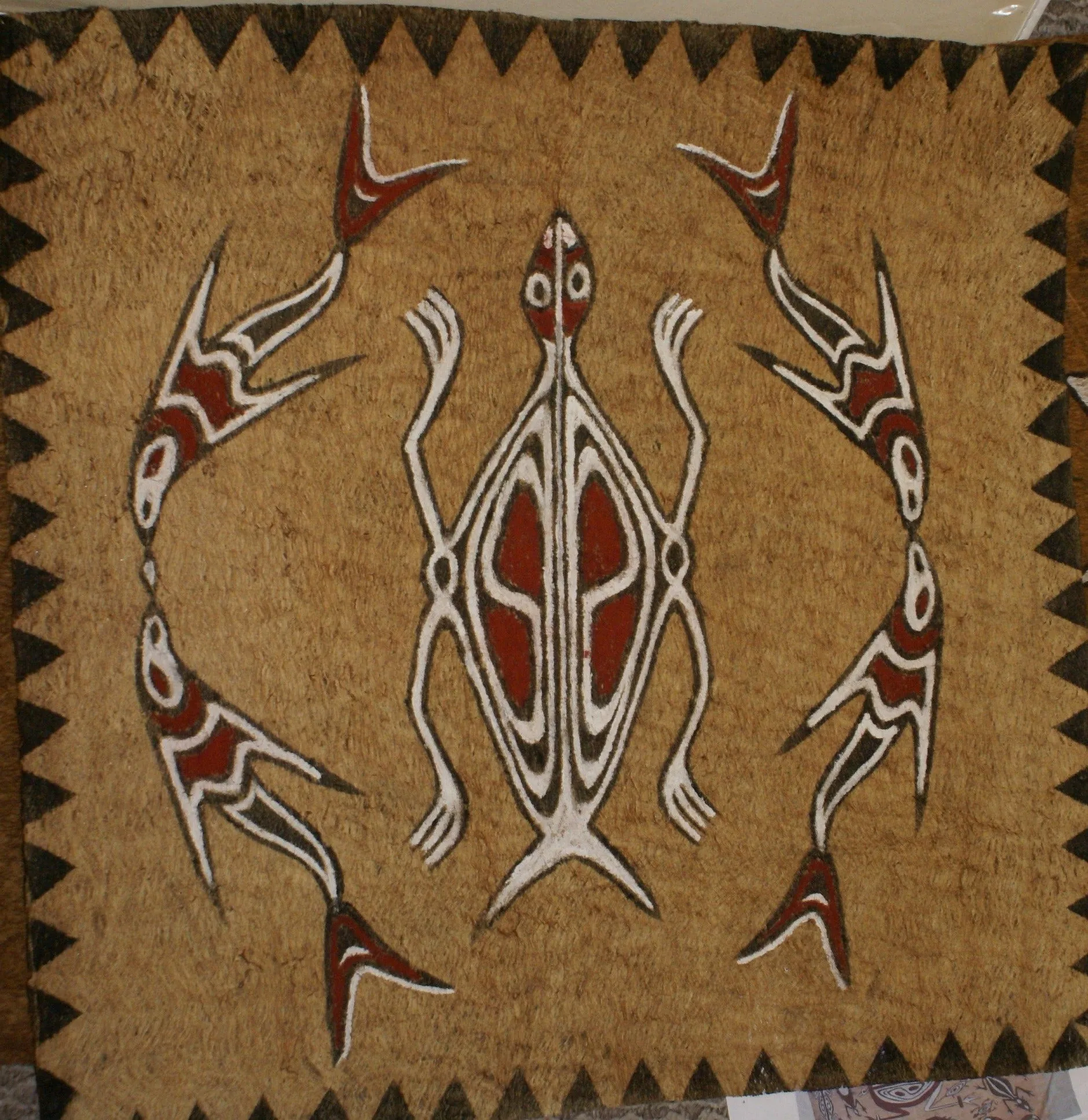 Rare Tapa Bark Cloth (Kapa in Hawaii), from Lake Sentani, Irian Jaya, Papua New Guinea. Hand painted by a Tribal Artist with natural pigments: Spiritual Stylized Motifs of fish and water bugs. 21" x 20,5" (no 38)