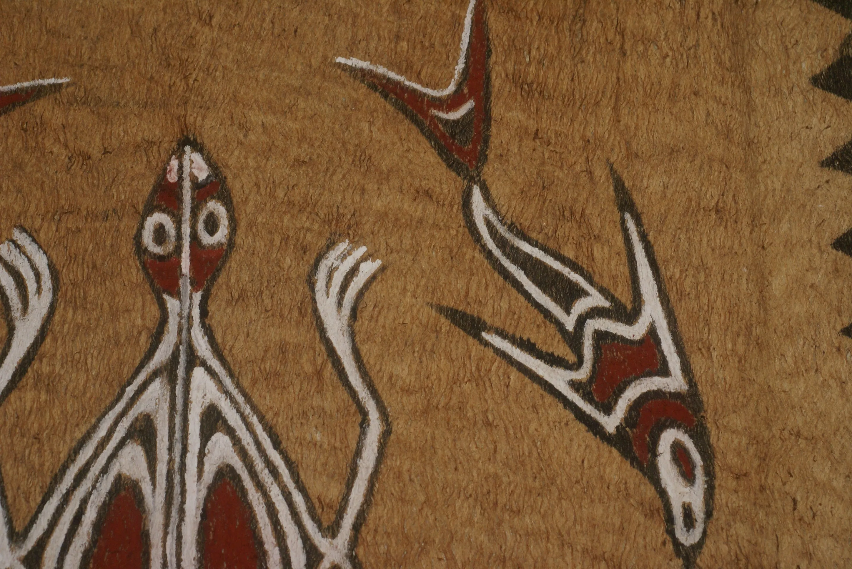 Rare Tapa Bark Cloth (Kapa in Hawaii), from Lake Sentani, Irian Jaya, Papua New Guinea. Hand painted by a Tribal Artist with natural pigments: Spiritual Stylized Motifs of fish and water bugs. 21" x 20,5" (no 38)