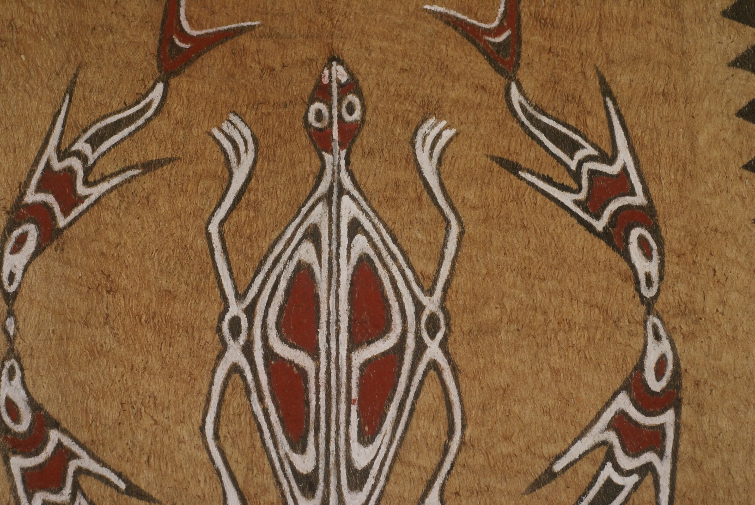 Rare Tapa Bark Cloth (Kapa in Hawaii), from Lake Sentani, Irian Jaya, Papua New Guinea. Hand painted by a Tribal Artist with natural pigments: Spiritual Stylized Motifs of fish and water bugs. 21" x 20,5" (no 38)