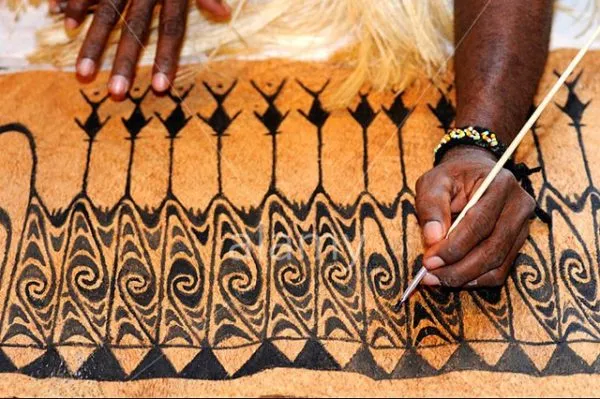 Rare Tapa Bark Cloth (Kapa in Hawaii), from Lake Sentani, Irian Jaya, Papua New Guinea. Hand painted by a Tribal Artist with natural pigments: Spiritual Stylized Motifs of fish and water bugs. 21" x 20,5" (no 38)