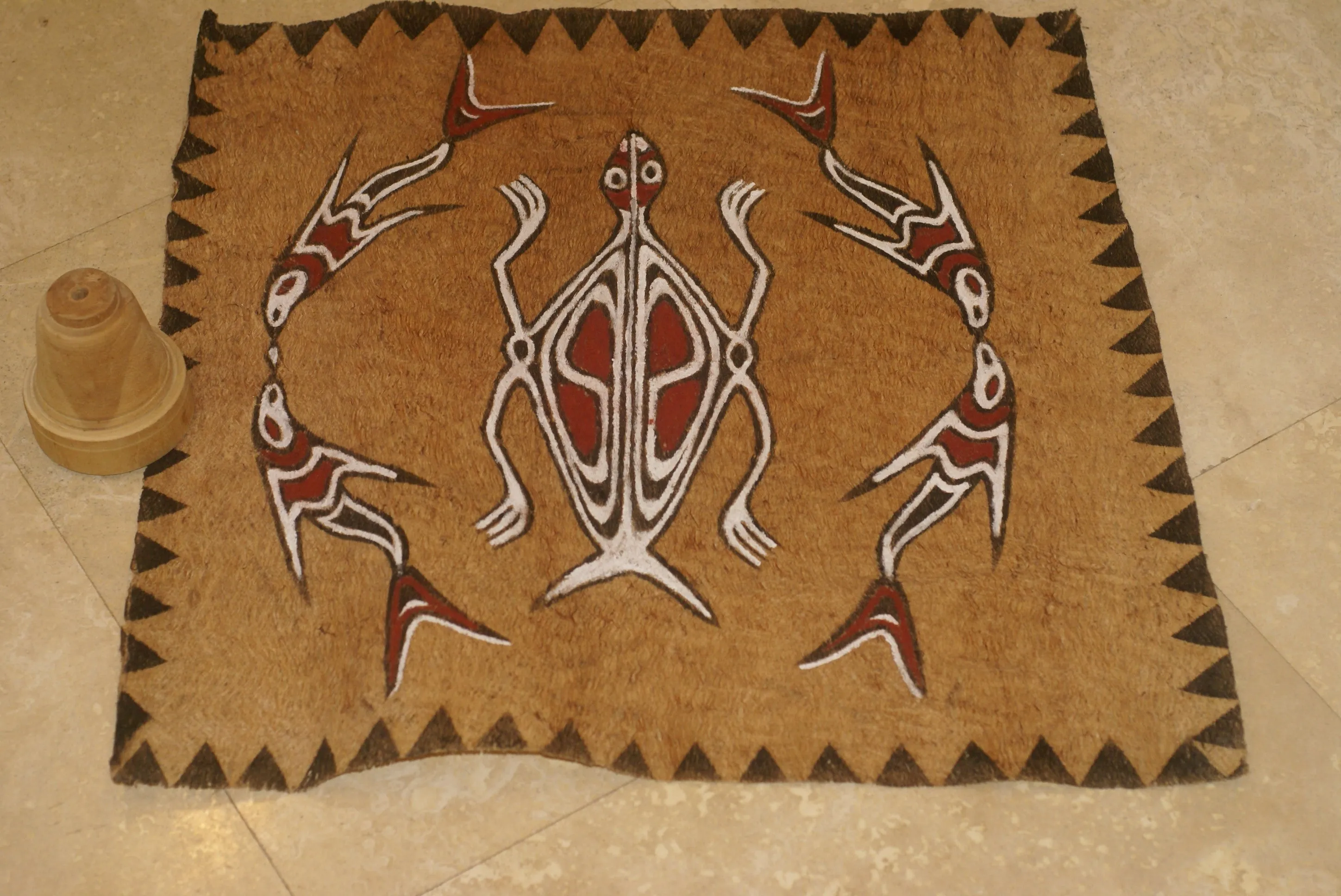 Rare Tapa Bark Cloth (Kapa in Hawaii), from Lake Sentani, Irian Jaya, Papua New Guinea. Hand painted by a Tribal Artist with natural pigments: Spiritual Stylized Motifs of fish and water bugs. 21" x 20,5" (no 38)