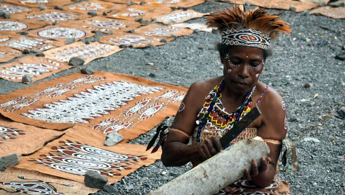 Rare Tapa Bark Cloth (Kapa in Hawaii), from Lake Sentani, Irian Jaya, Papua New Guinea. Hand painted by a Tribal Artist with natural pigments: Spiritual Stylized Shield Motifs 21 1/2" x 13" (no 22)