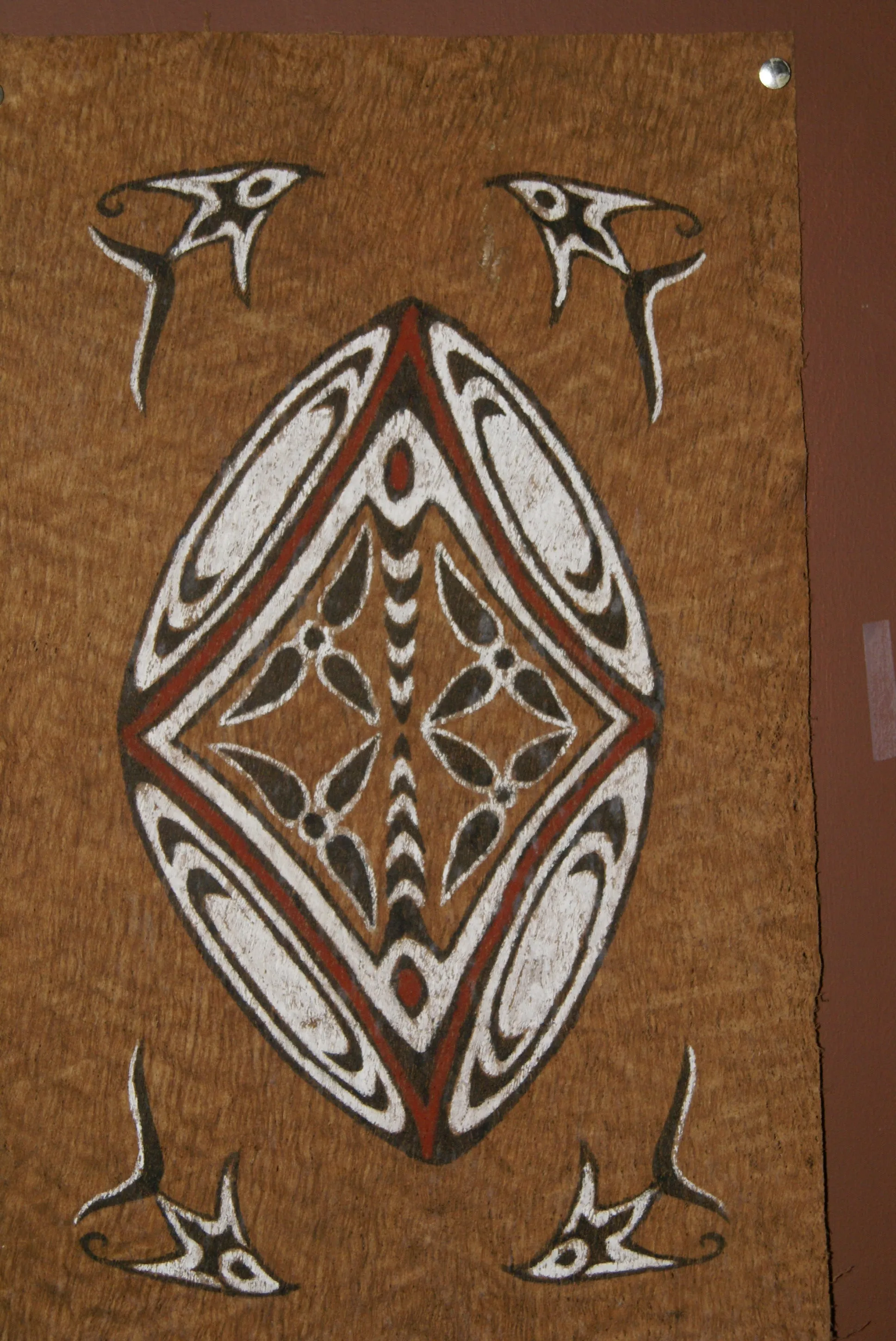 Rare Tapa Bark Cloth (Kapa in Hawaii), from Lake Sentani, Irian Jaya, Papua New Guinea. Hand painted by a Tribal Artist with natural pigments: Spiritual Stylized Shield Motifs 21 1/2" x 13" (no 22)