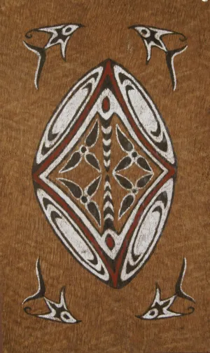 Rare Tapa Bark Cloth (Kapa in Hawaii), from Lake Sentani, Irian Jaya, Papua New Guinea. Hand painted by a Tribal Artist with natural pigments: Spiritual Stylized Shield Motifs 21 1/2" x 13" (no 22)