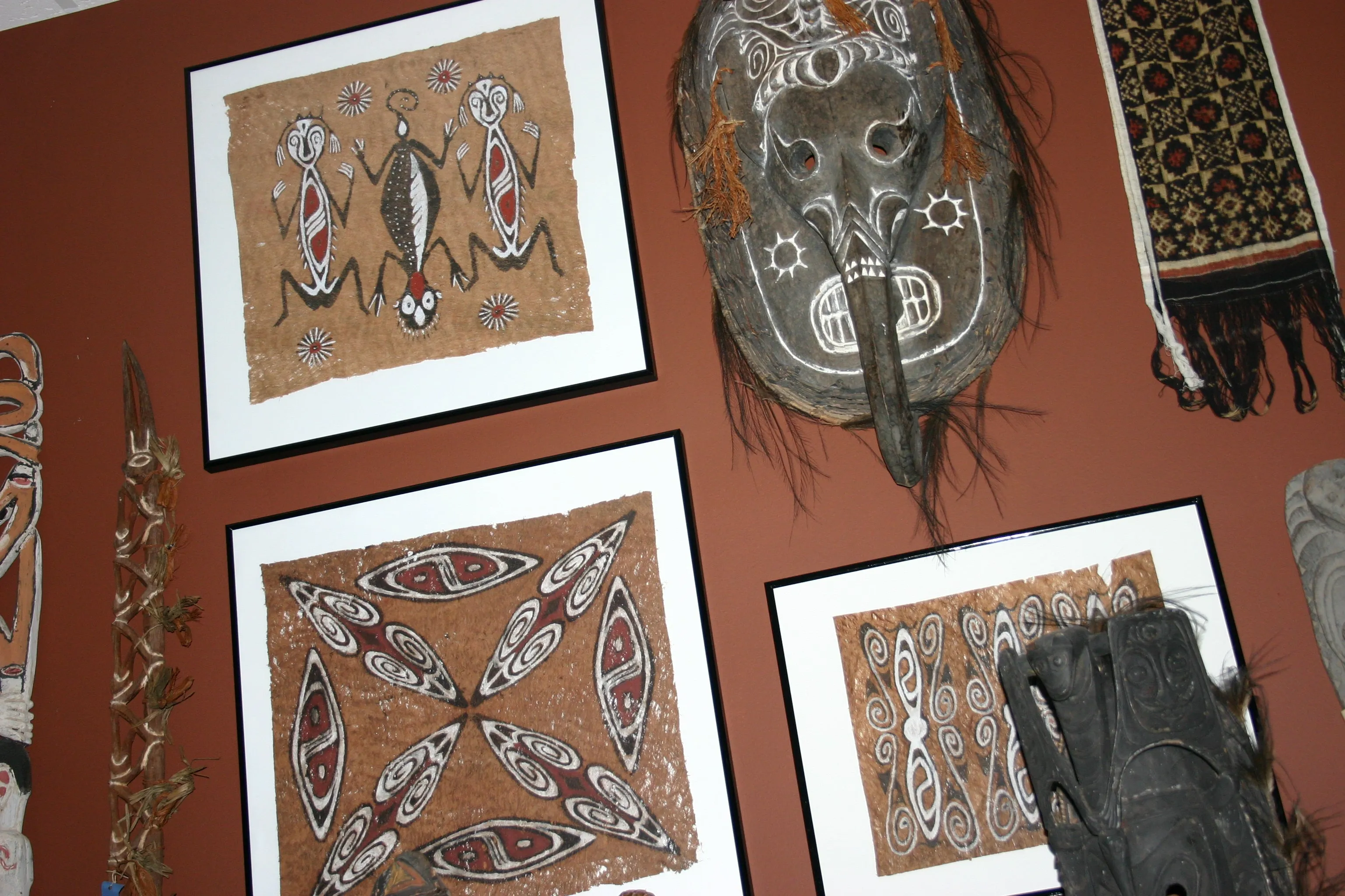 Rare Tapa Bark Cloth (Kapa in Hawaii), from Lake Sentani, Irian Jaya, Papua New Guinea. Hand painted by a Tribal Artist with natural pigments: Spiritual Stylized Shield Motifs 21 1/2" x 13" (no 22)