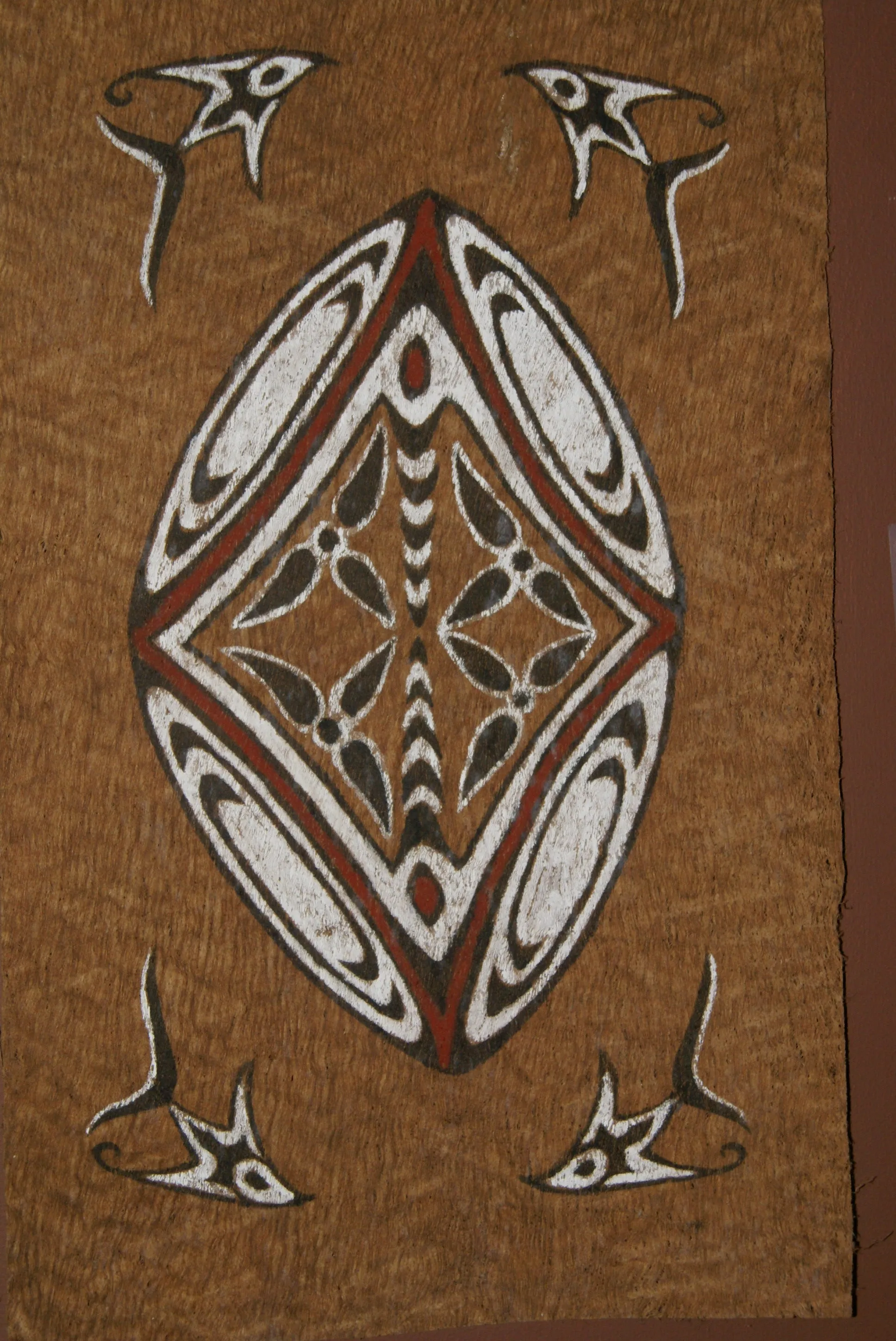 Rare Tapa Bark Cloth (Kapa in Hawaii), from Lake Sentani, Irian Jaya, Papua New Guinea. Hand painted by a Tribal Artist with natural pigments: Spiritual Stylized Shield Motifs 21 1/2" x 13" (no 22)