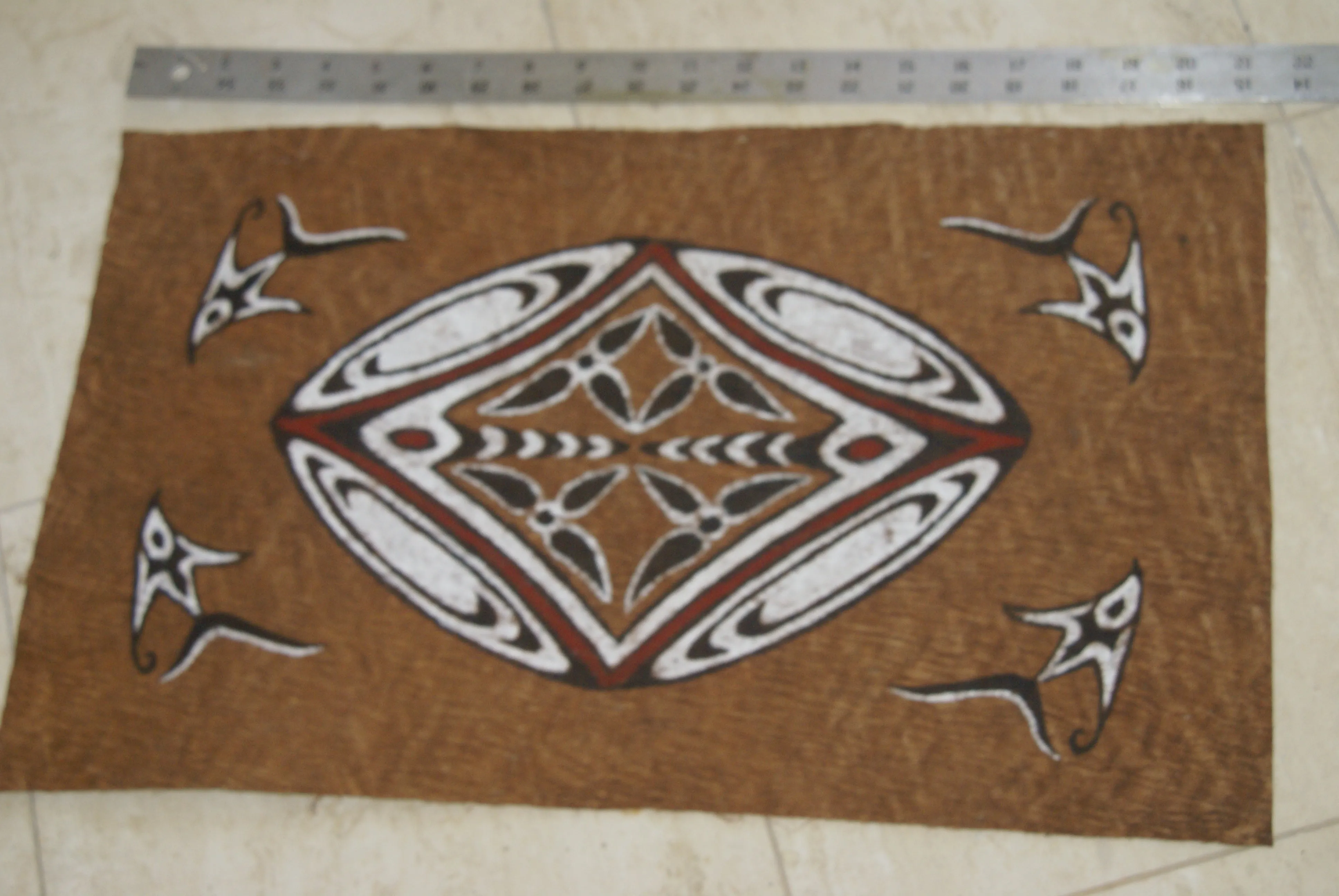 Rare Tapa Bark Cloth (Kapa in Hawaii), from Lake Sentani, Irian Jaya, Papua New Guinea. Hand painted by a Tribal Artist with natural pigments: Spiritual Stylized Shield Motifs 21 1/2" x 13" (no 22)