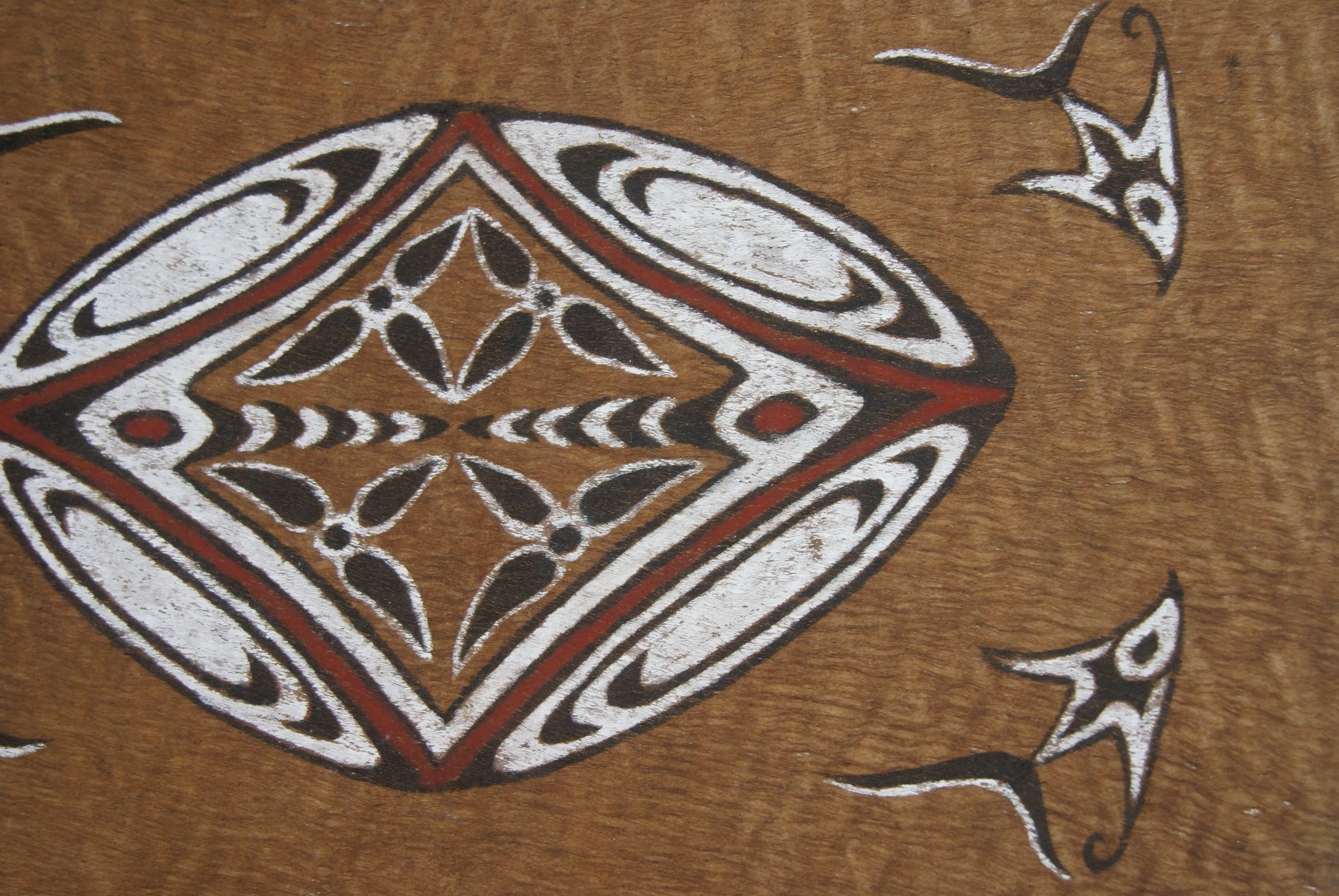 Rare Tapa Bark Cloth (Kapa in Hawaii), from Lake Sentani, Irian Jaya, Papua New Guinea. Hand painted by a Tribal Artist with natural pigments: Spiritual Stylized Shield Motifs 21 1/2" x 13" (no 22)