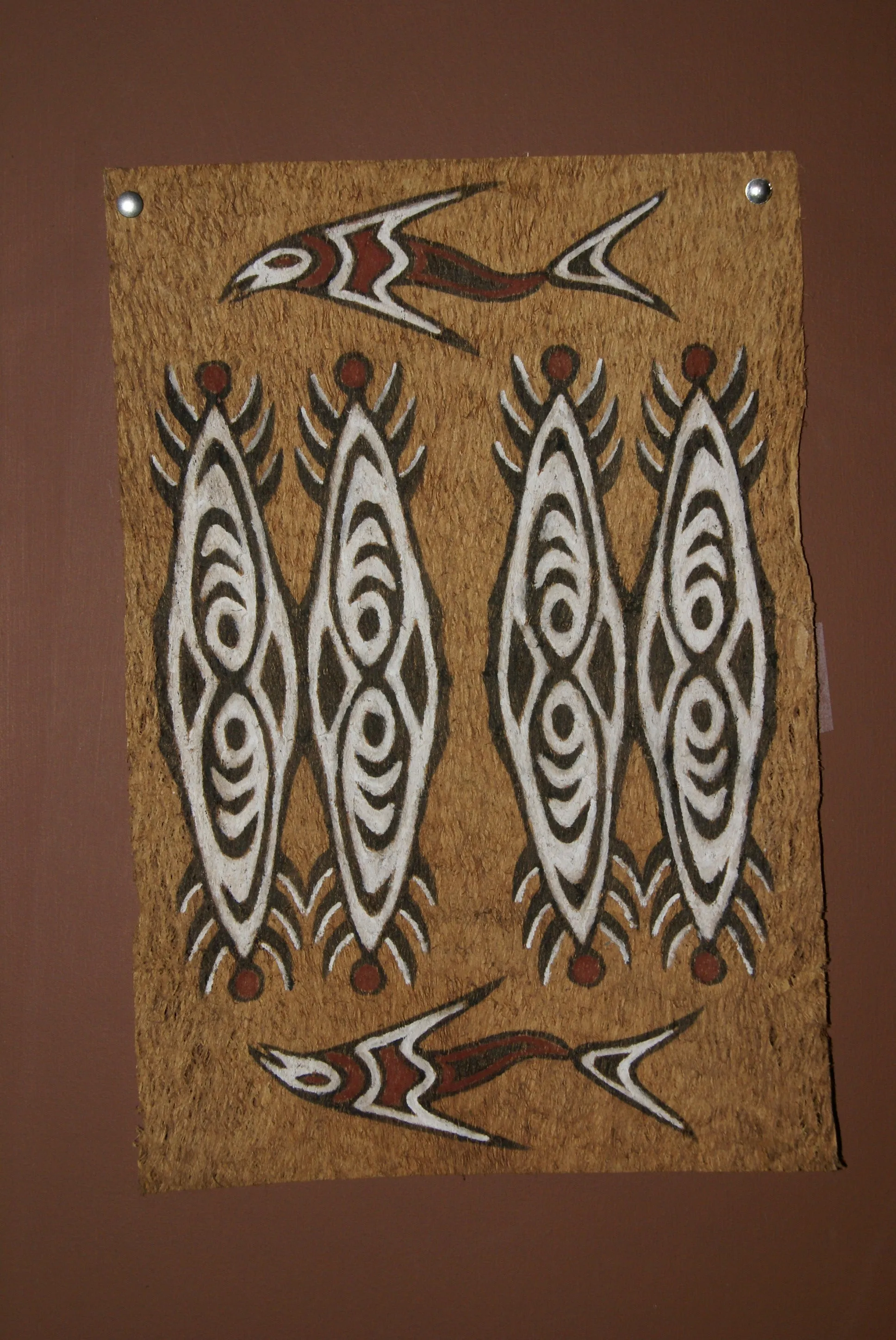 Rare Tapa Bark Cloth (Kapa in Hawaii), from Lake Sentani, Irian Jaya, Papua New Guinea. Hand painted by a Tribal Artist with natural pigments: Spiritual Stylized Shield Motifs & Fish 20" x 13 1/2" (no 23)