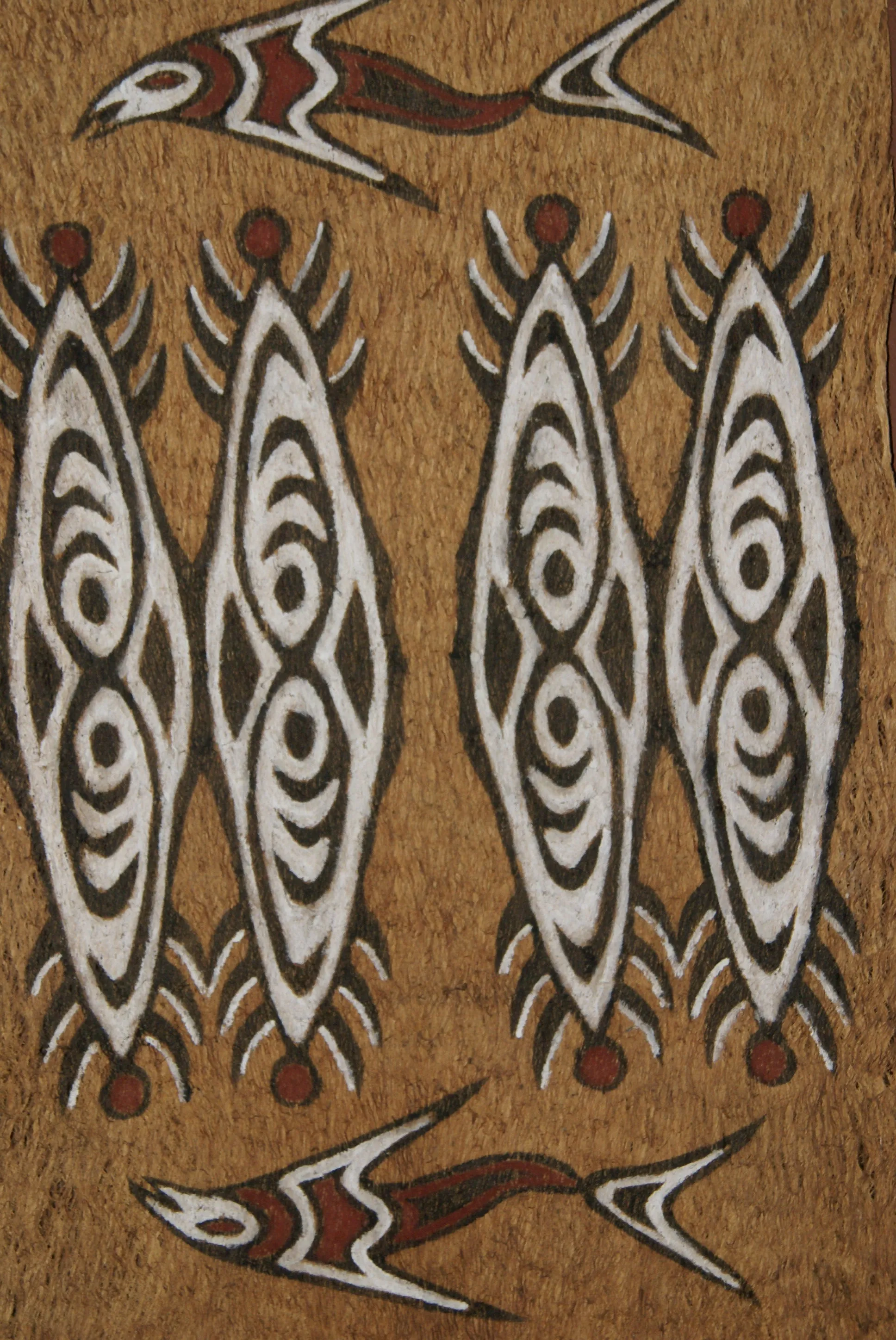 Rare Tapa Bark Cloth (Kapa in Hawaii), from Lake Sentani, Irian Jaya, Papua New Guinea. Hand painted by a Tribal Artist with natural pigments: Spiritual Stylized Shield Motifs & Fish 20" x 13 1/2" (no 23)