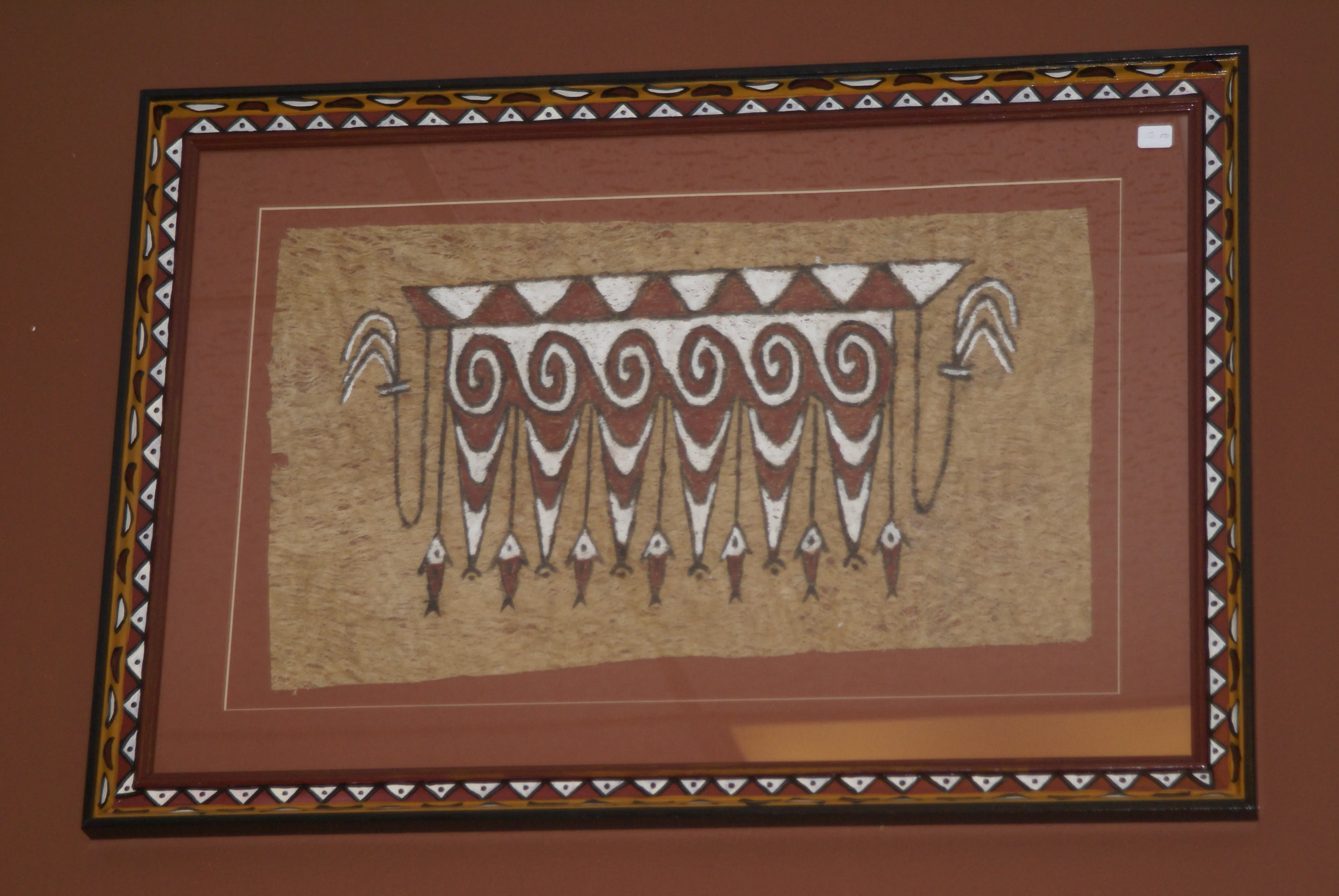 Rare Tapa Bark Cloth (Kapa in Hawaii), from Lake Sentani, Irian Jaya, Papua New Guinea. Hand painted by a Tribal Artist with natural pigments: Spiritual Stylized Shield Motifs & Fish 20" x 13 1/2" (no 23)