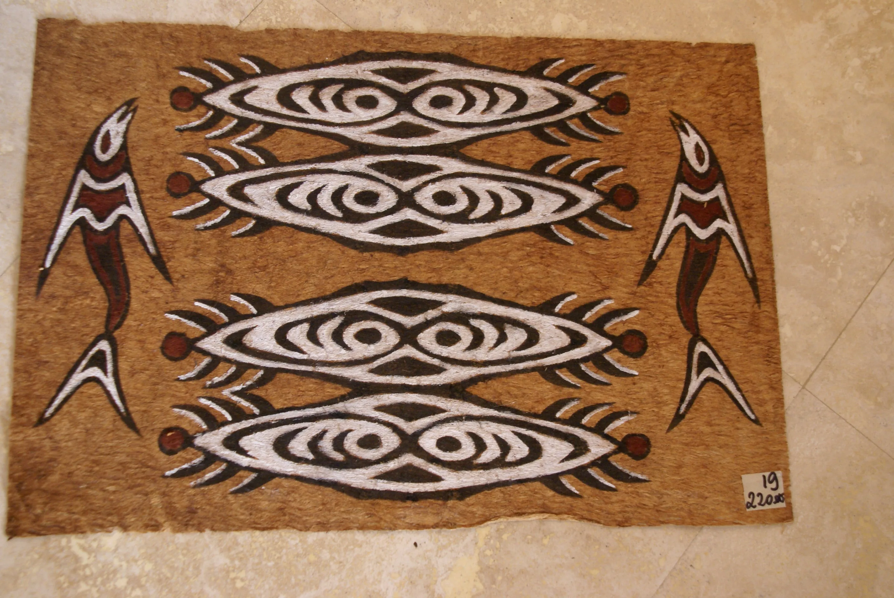 Rare Tapa Bark Cloth (Kapa in Hawaii), from Lake Sentani, Irian Jaya, Papua New Guinea. Hand painted by a Tribal Artist with natural pigments: Spiritual Stylized Shield Motifs & Fish 20" x 13 1/2" (no 23)