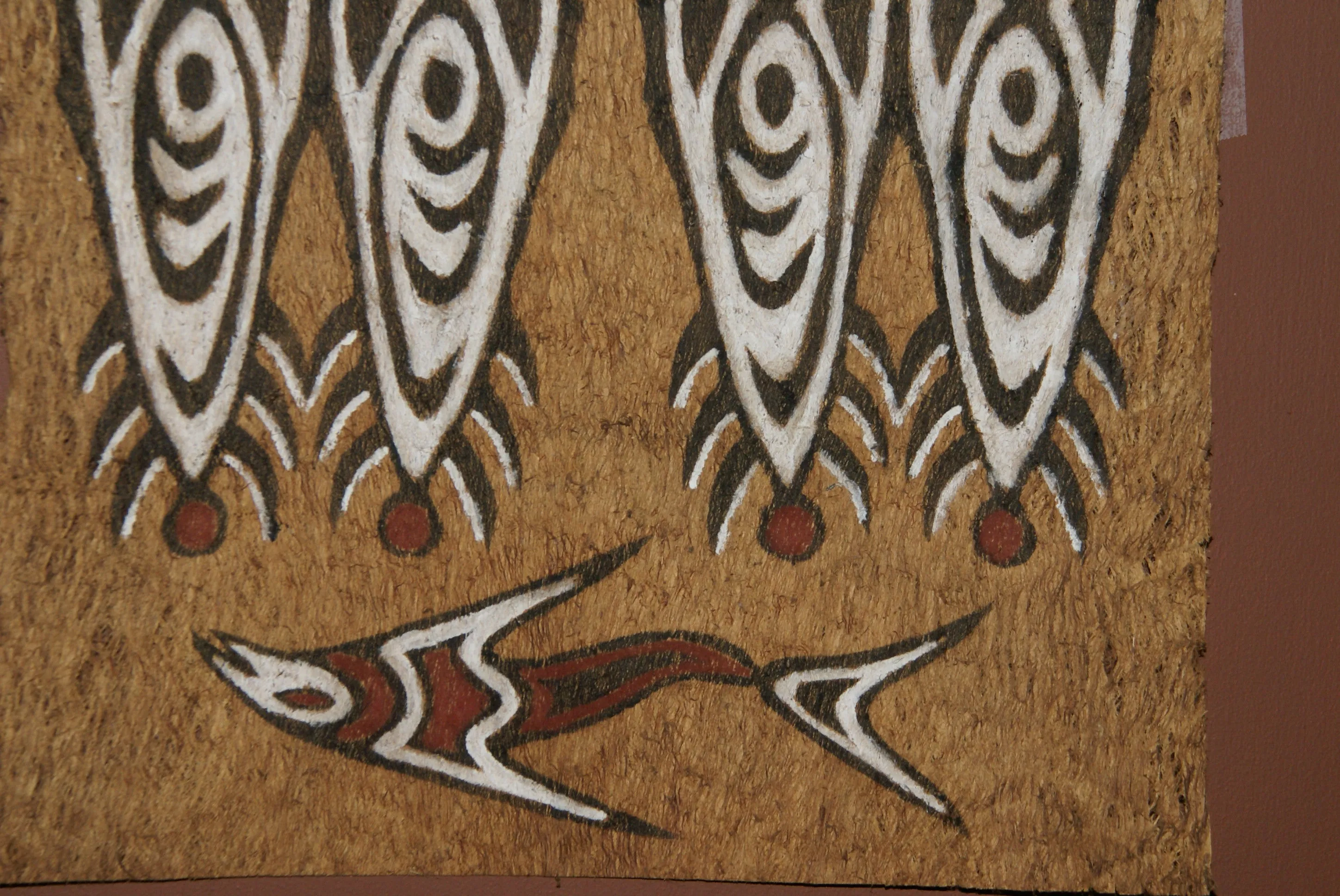 Rare Tapa Bark Cloth (Kapa in Hawaii), from Lake Sentani, Irian Jaya, Papua New Guinea. Hand painted by a Tribal Artist with natural pigments: Spiritual Stylized Shield Motifs & Fish 20" x 13 1/2" (no 23)