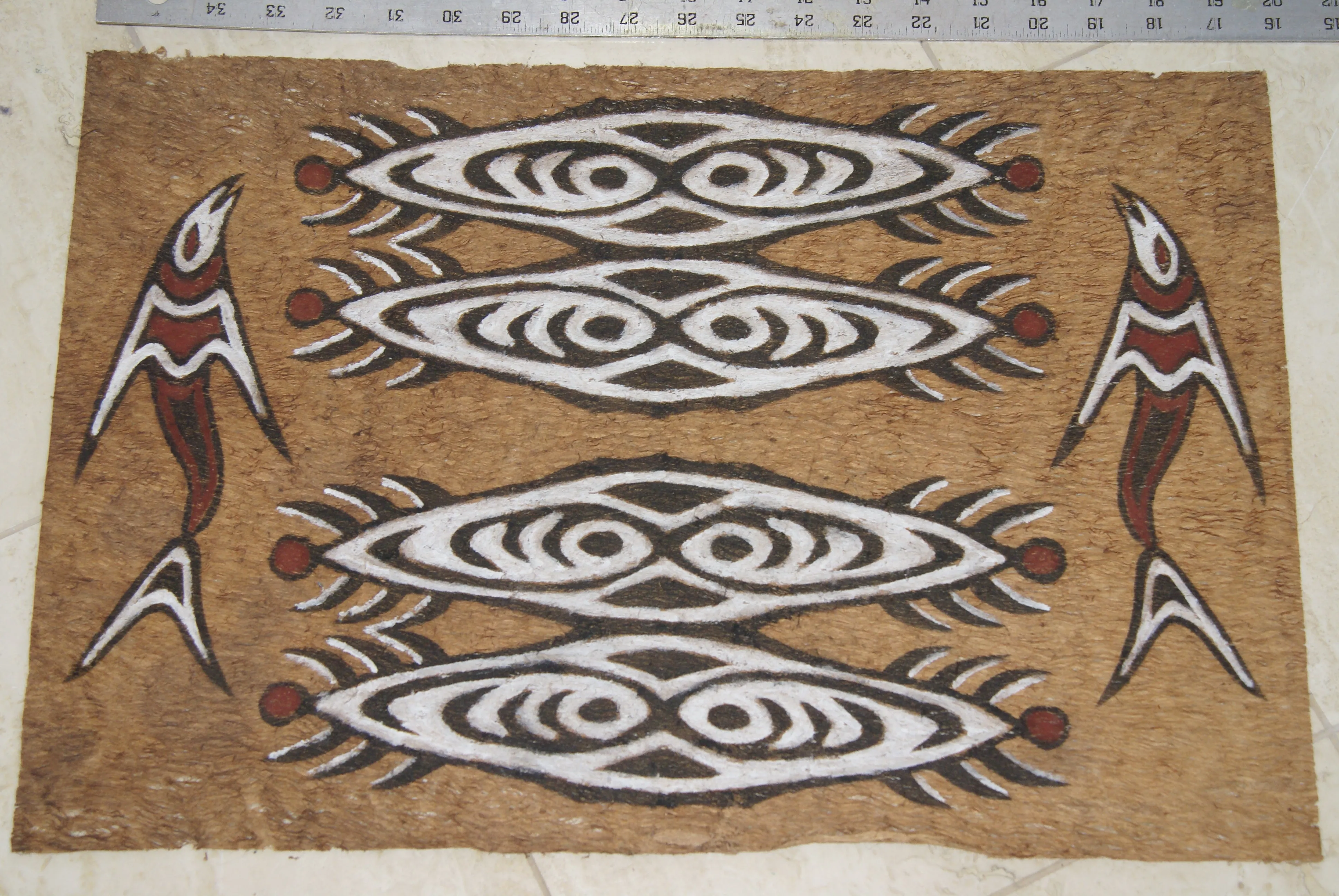 Rare Tapa Bark Cloth (Kapa in Hawaii), from Lake Sentani, Irian Jaya, Papua New Guinea. Hand painted by a Tribal Artist with natural pigments: Spiritual Stylized Shield Motifs & Fish 20" x 13 1/2" (no 23)