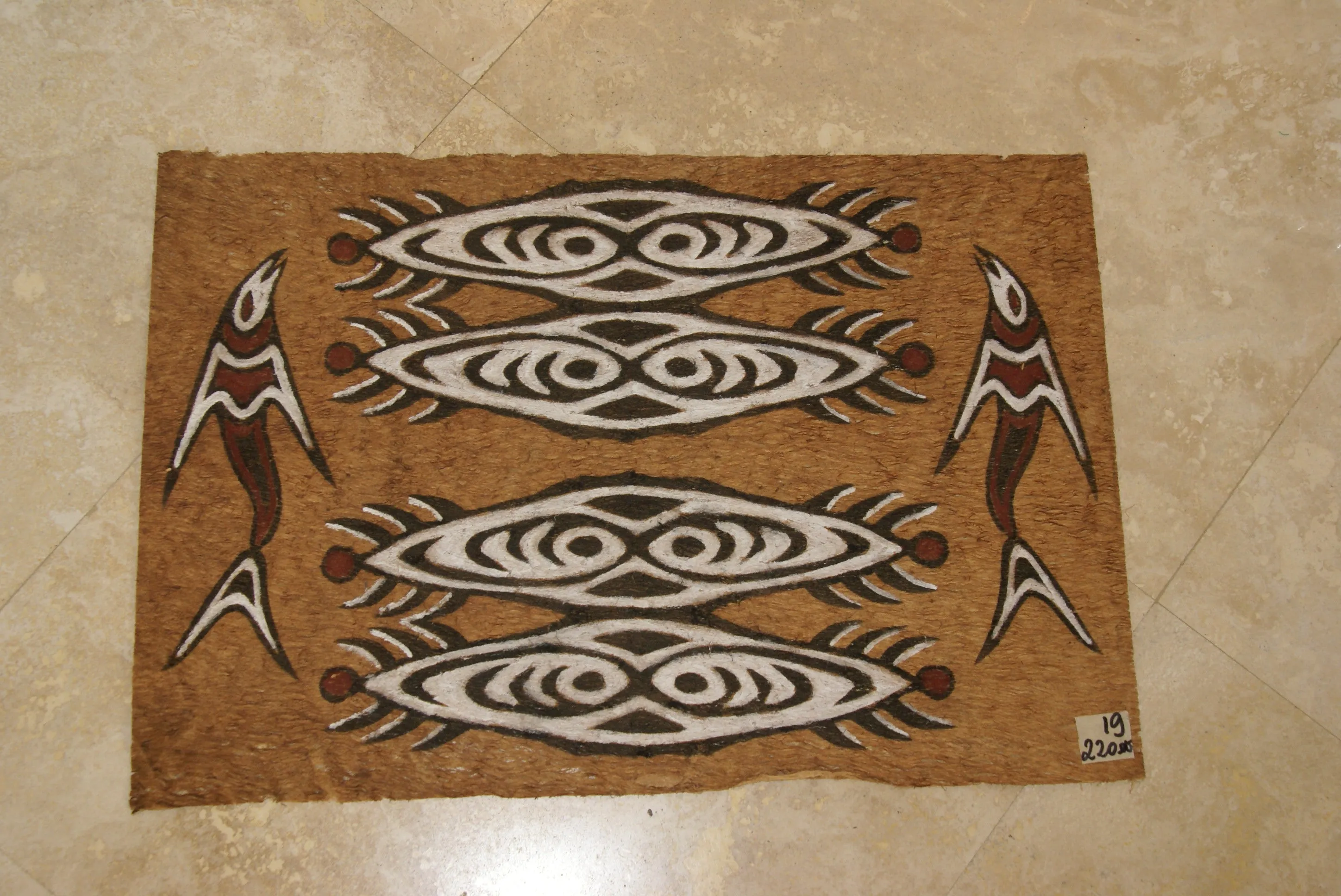 Rare Tapa Bark Cloth (Kapa in Hawaii), from Lake Sentani, Irian Jaya, Papua New Guinea. Hand painted by a Tribal Artist with natural pigments: Spiritual Stylized Shield Motifs & Fish 20" x 13 1/2" (no 23)