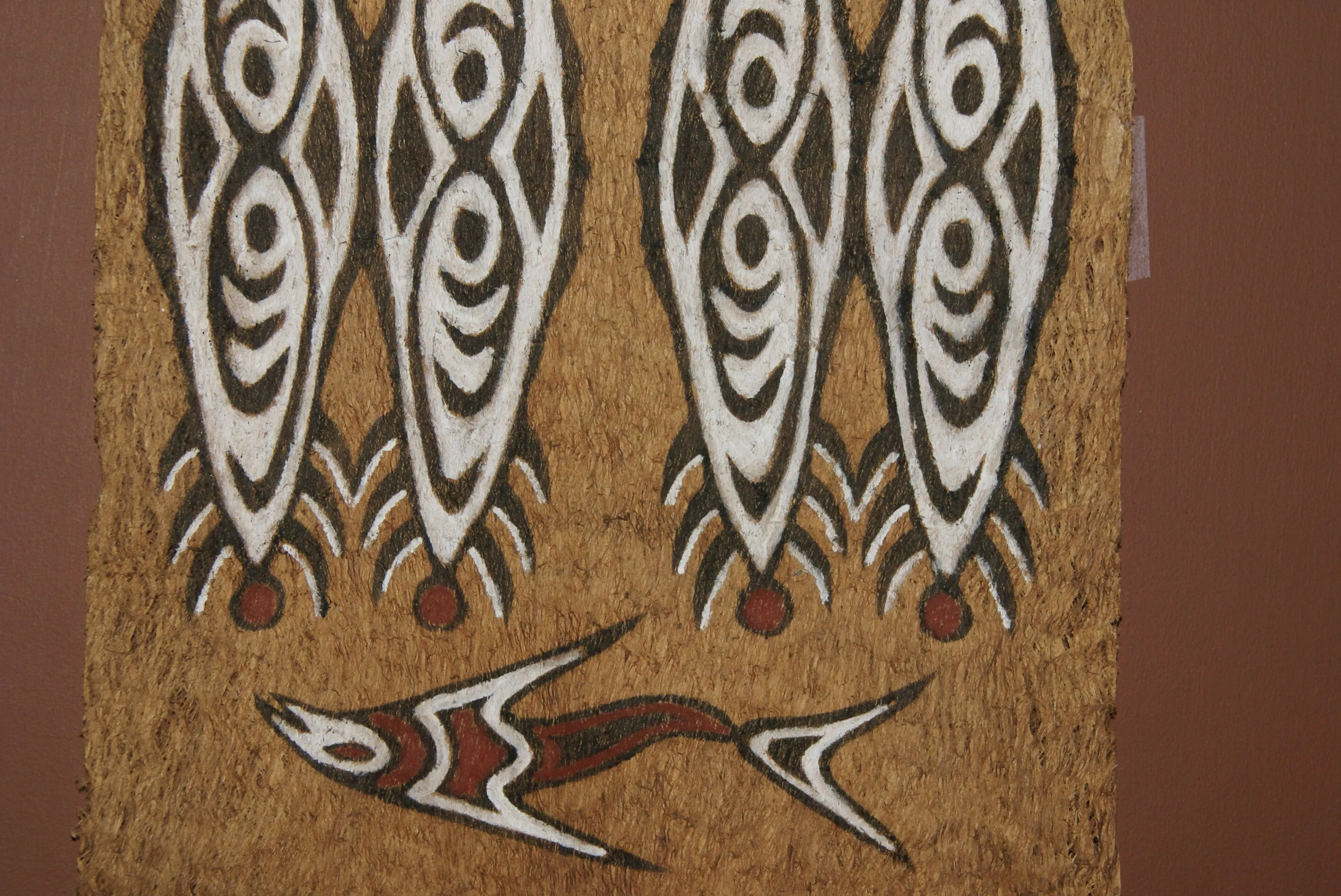 Rare Tapa Bark Cloth (Kapa in Hawaii), from Lake Sentani, Irian Jaya, Papua New Guinea. Hand painted by a Tribal Artist with natural pigments: Spiritual Stylized Shield Motifs & Fish 20" x 13 1/2" (no 23)