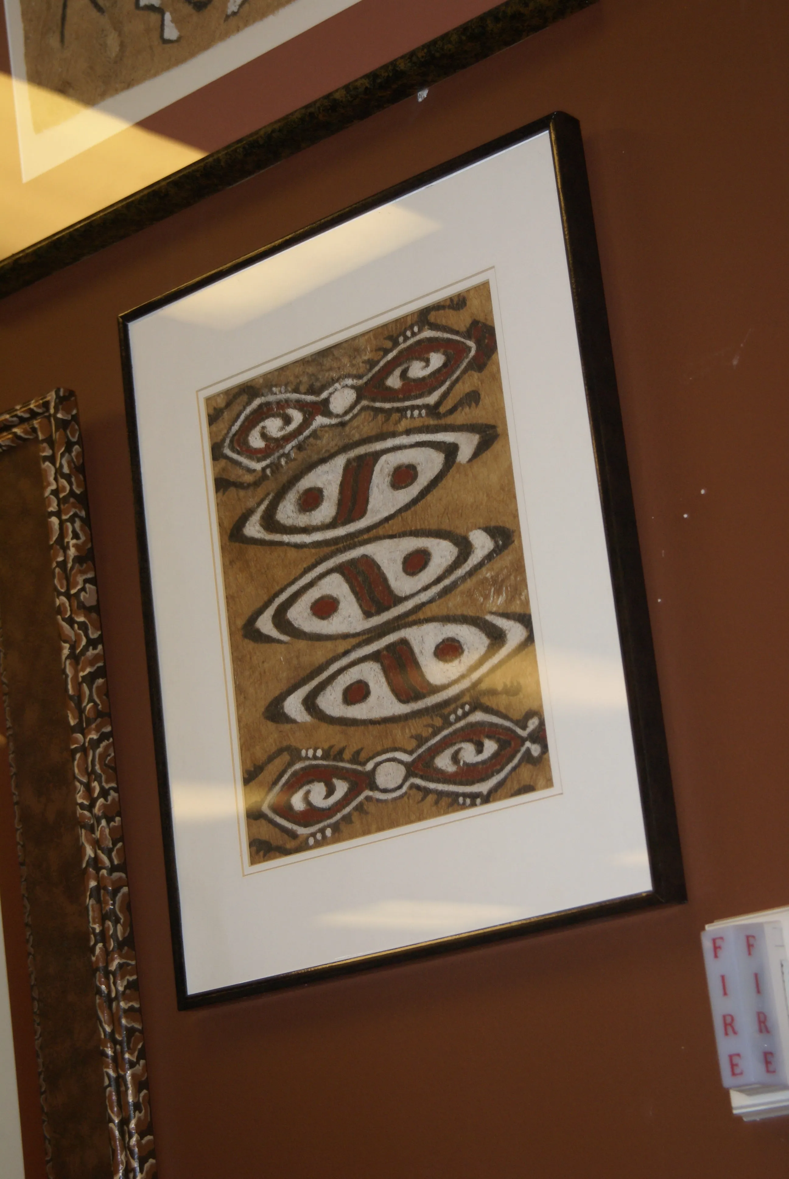 Rare Tapa Bark Cloth (Kapa in Hawaii), from Lake Sentani, Irian Jaya, Papua New Guinea. Hand painted by a Tribal Artist with natural pigments: Spiritual Stylized Shield Motifs & Fish 20" x 13 1/2" (no 23)