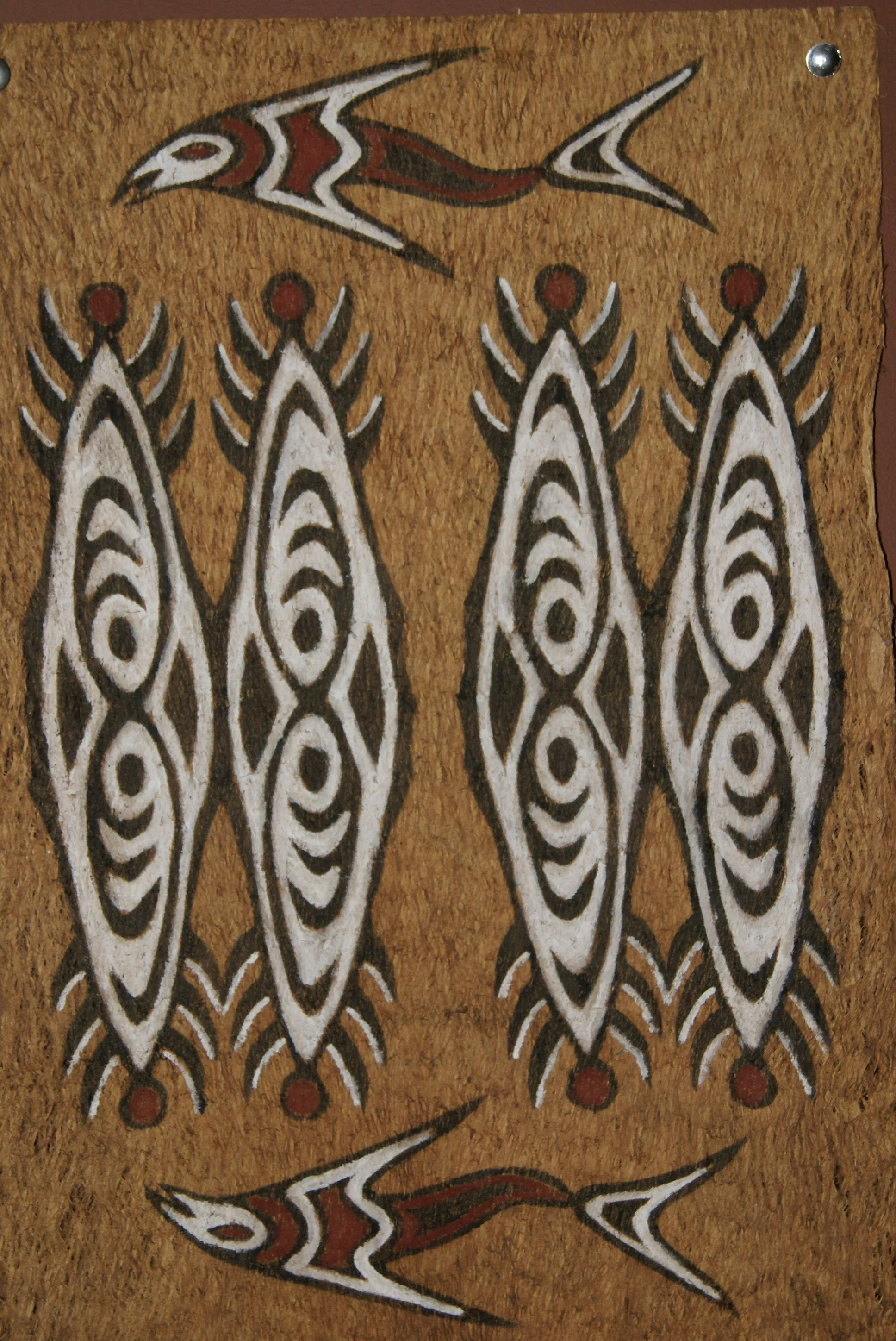 Rare Tapa Bark Cloth (Kapa in Hawaii), from Lake Sentani, Irian Jaya, Papua New Guinea. Hand painted by a Tribal Artist with natural pigments: Spiritual Stylized Shield Motifs & Fish 20" x 13 1/2" (no 23)