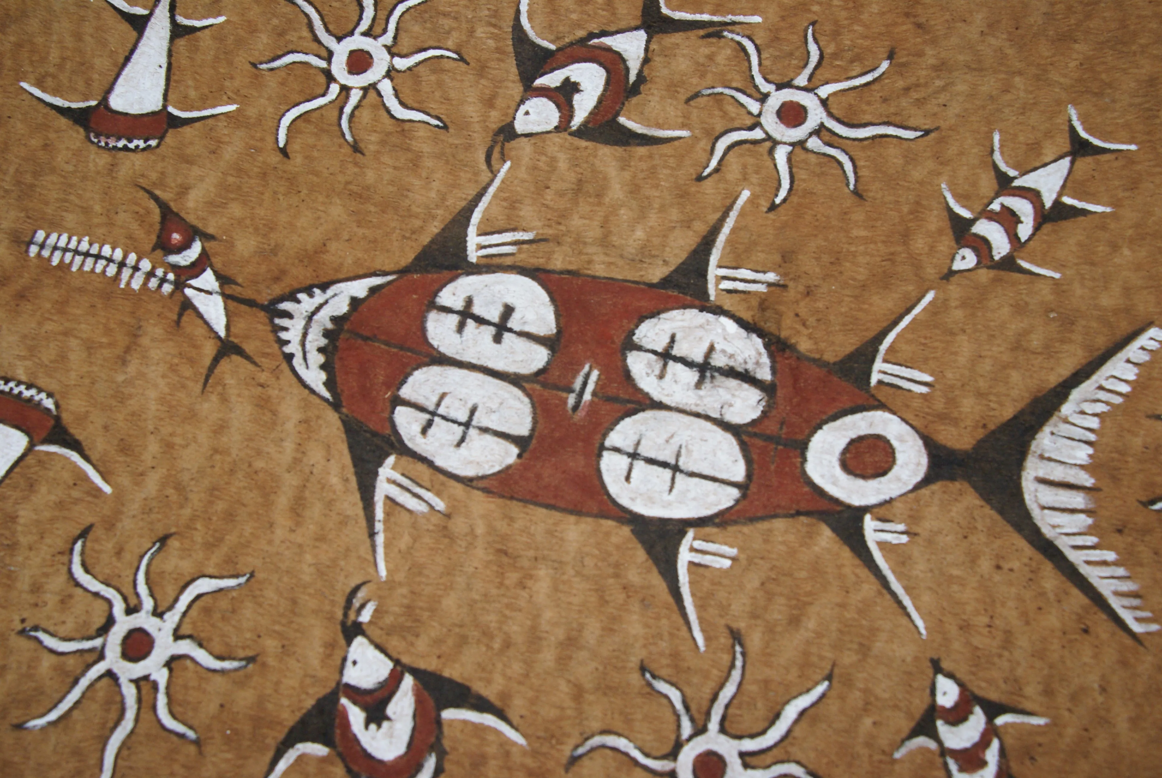 Rare Tapa Bark Cloth (Kapa in Hawaii), from Lake Sentani, Irian Jaya, Papua New Guinea. Hand painted by a Tribal Artist with natural pigments: Spiritual Stylized Sword fish, Fish, Star fish Motifs 26" x 21" (no 12)