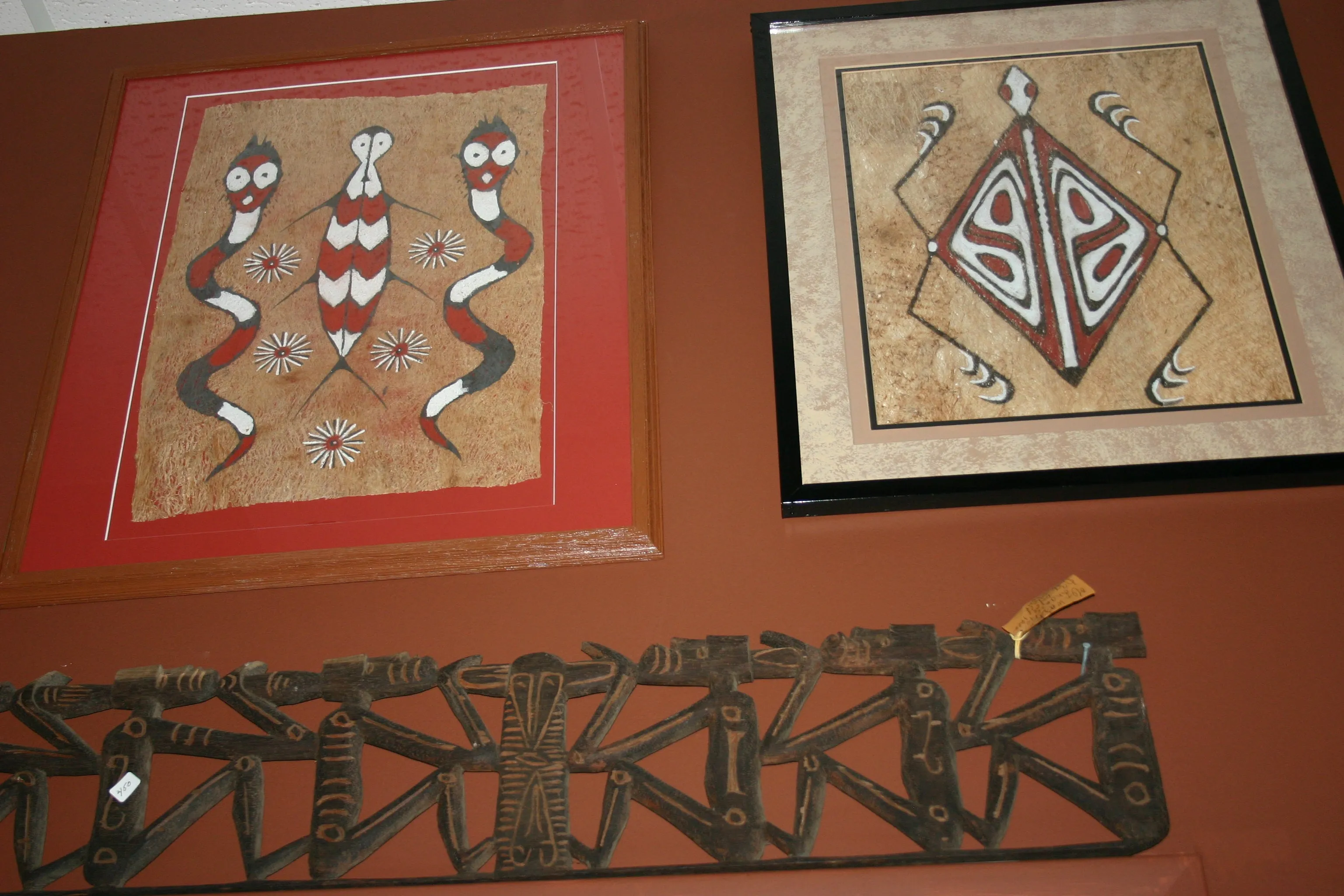 Rare Tapa Bark Cloth (Kapa in Hawaii), from Lake Sentani, Irian Jaya, Papua New Guinea. Hand painted by a Tribal Artist with natural pigments: Spiritual Stylized Sword fish, Fish, Star fish Motifs 26" x 21" (no 12)