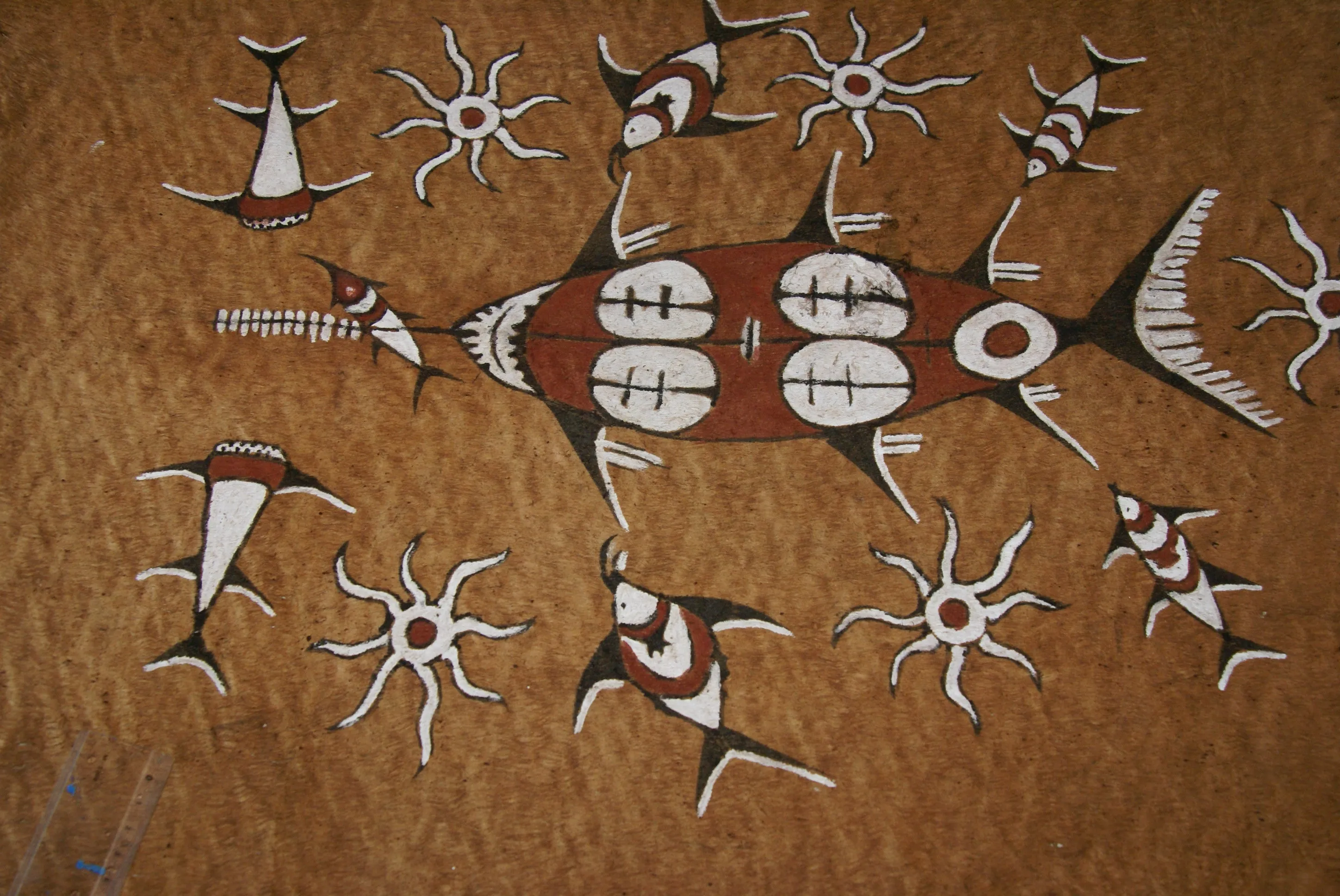 Rare Tapa Bark Cloth (Kapa in Hawaii), from Lake Sentani, Irian Jaya, Papua New Guinea. Hand painted by a Tribal Artist with natural pigments: Spiritual Stylized Sword fish, Fish, Star fish Motifs 26" x 21" (no 12)