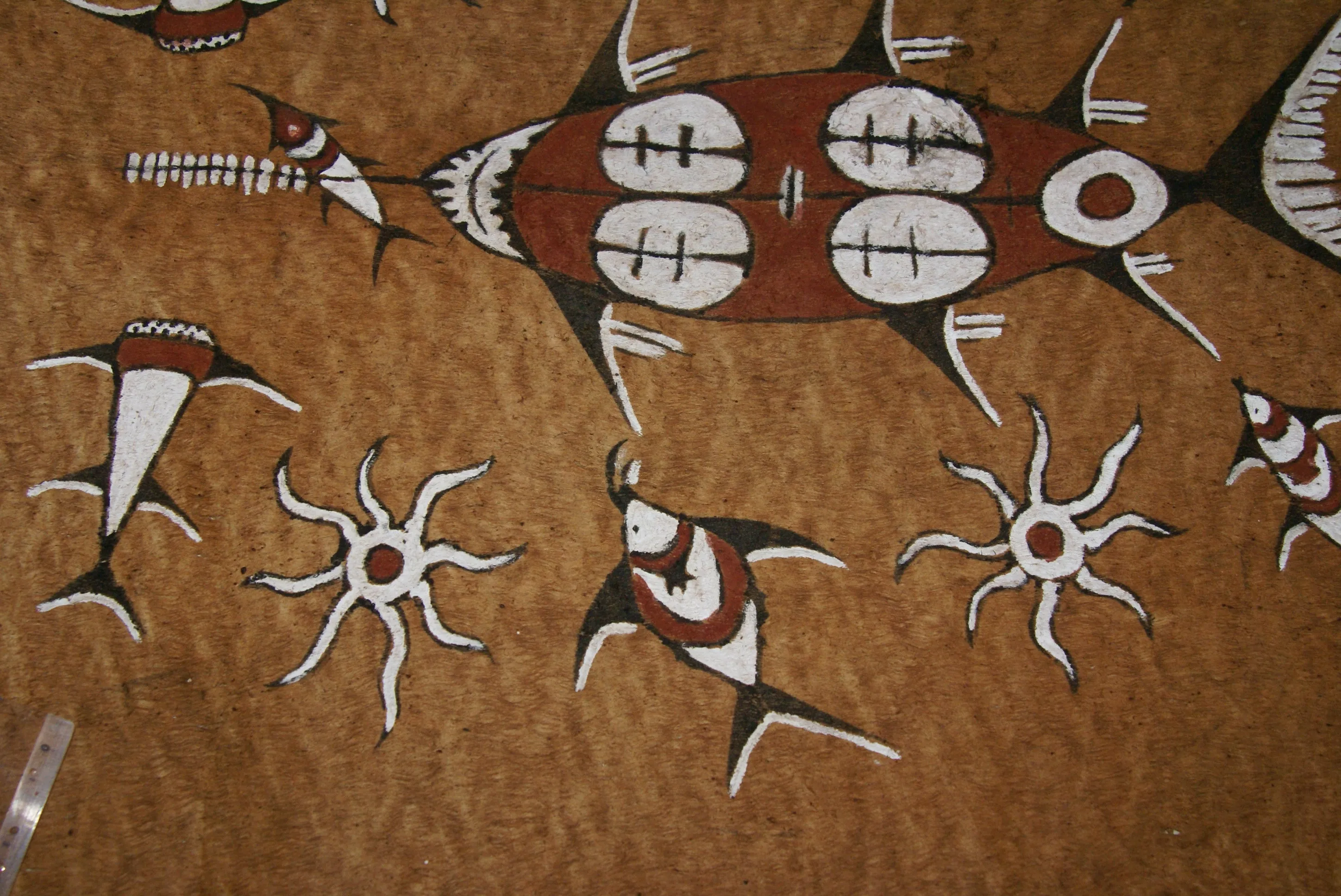 Rare Tapa Bark Cloth (Kapa in Hawaii), from Lake Sentani, Irian Jaya, Papua New Guinea. Hand painted by a Tribal Artist with natural pigments: Spiritual Stylized Sword fish, Fish, Star fish Motifs 26" x 21" (no 12)