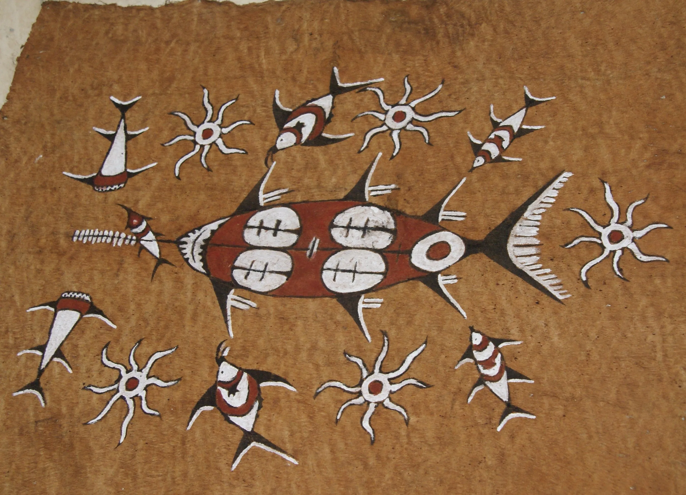 Rare Tapa Bark Cloth (Kapa in Hawaii), from Lake Sentani, Irian Jaya, Papua New Guinea. Hand painted by a Tribal Artist with natural pigments: Spiritual Stylized Sword fish, Fish, Star fish Motifs 26" x 21" (no 12)