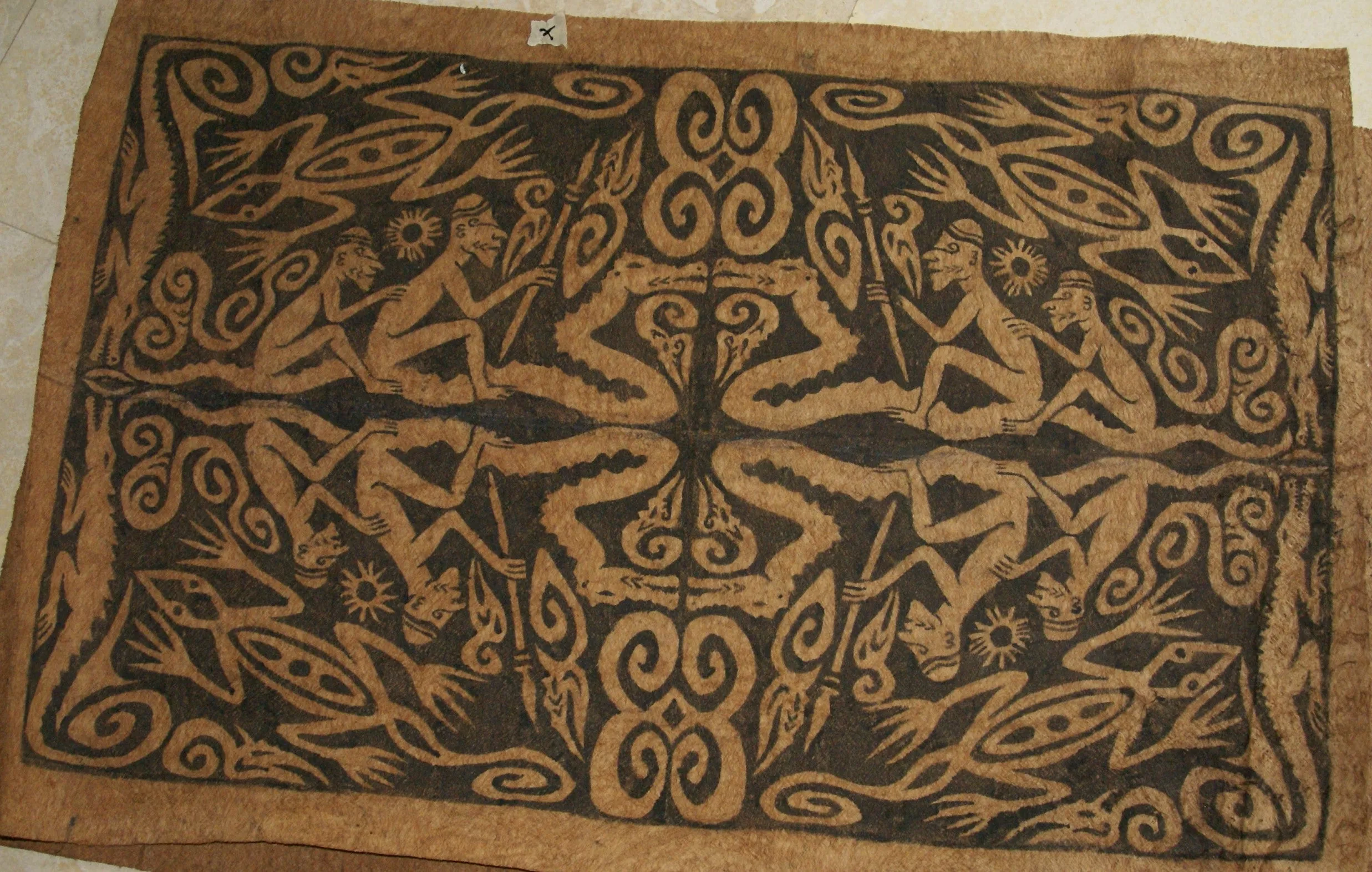 Rare Tapa Bark Cloth (Kapa in Hawaii), from Lake Sentani, Irian Jaya, Papua New Guinea. Hand painted by a Tribal Artist with natural pigments: Spiritual Stylized Warrior Weapons, Snakes, Crocodiles, Gecko Motifs & waves 28" x 18" (no 10)