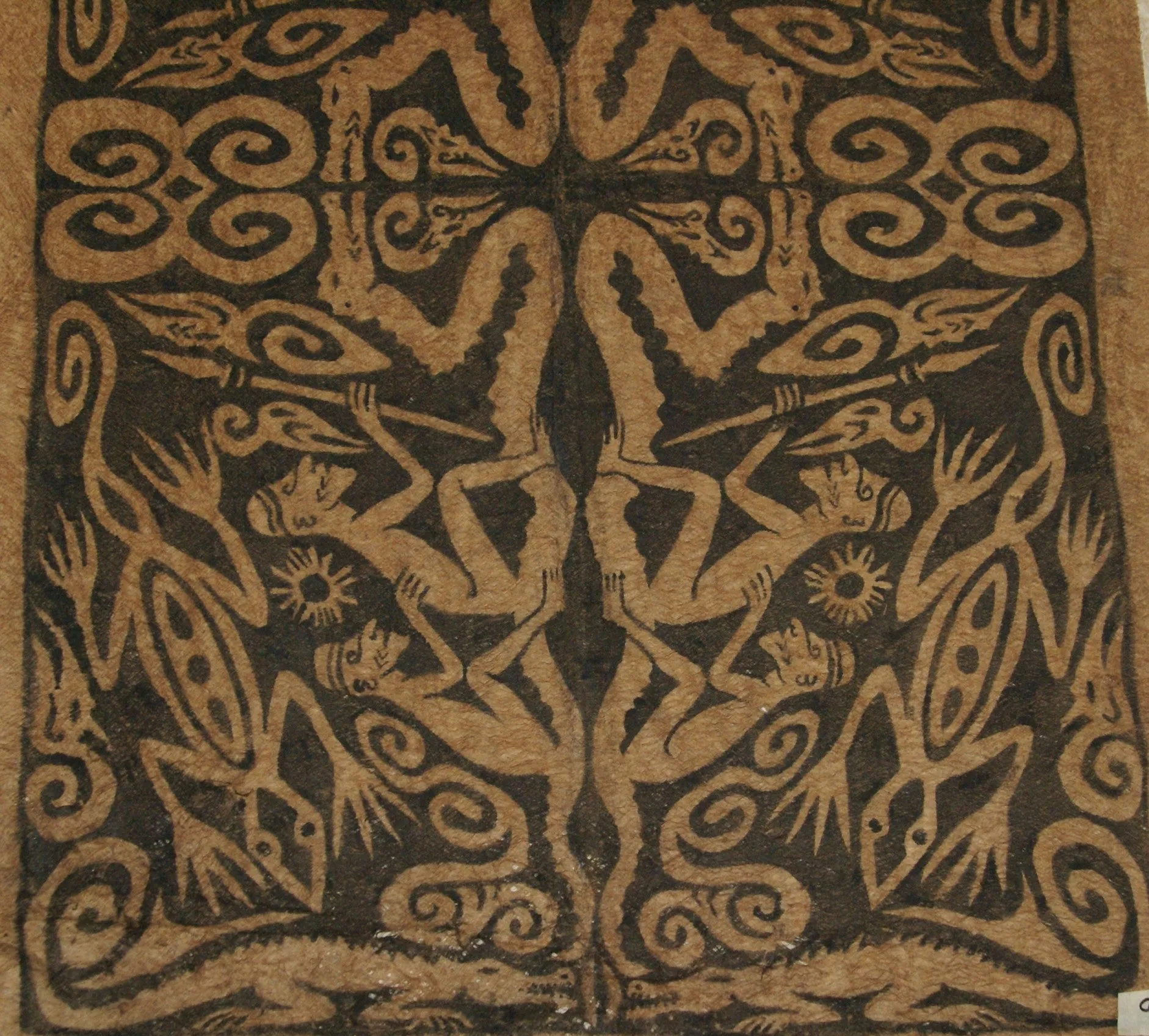 Rare Tapa Bark Cloth (Kapa in Hawaii), from Lake Sentani, Irian Jaya, Papua New Guinea. Hand painted by a Tribal Artist with natural pigments: Spiritual Stylized Warrior Weapons, Snakes, Crocodiles, Gecko Motifs & waves 28" x 18" (no 10)