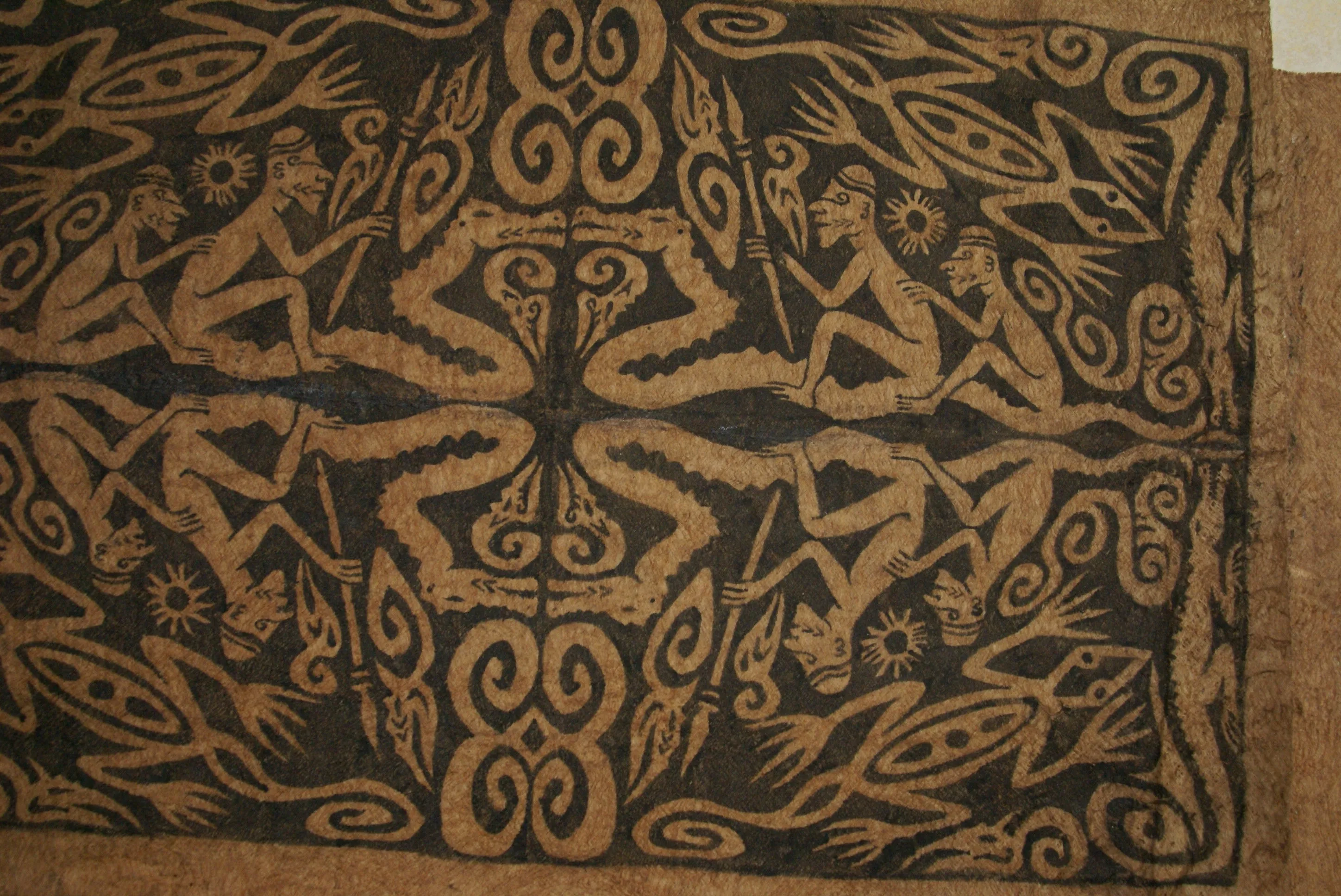 Rare Tapa Bark Cloth (Kapa in Hawaii), from Lake Sentani, Irian Jaya, Papua New Guinea. Hand painted by a Tribal Artist with natural pigments: Spiritual Stylized Warrior Weapons, Snakes, Crocodiles, Gecko Motifs & waves 28" x 18" (no 10)