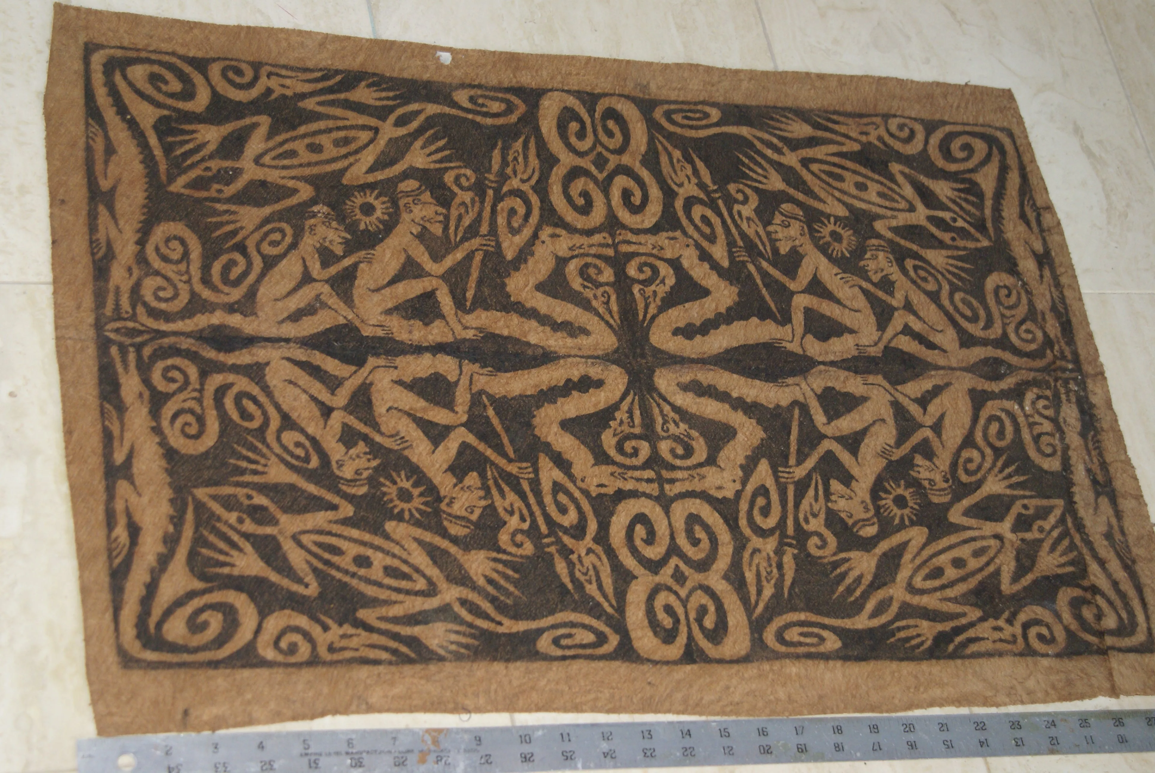 Rare Tapa Bark Cloth (Kapa in Hawaii), from Lake Sentani, Irian Jaya, Papua New Guinea. Hand painted by a Tribal Artist with natural pigments: Spiritual Stylized Warrior Weapons, Snakes, Crocodiles, Gecko Motifs & waves 28" x 18" (no 10)