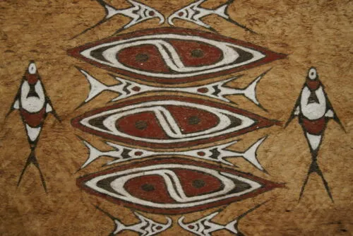 Rare Tapa Kapa Bark Cloth (Called Kapa in Hawaii), from Lake Sentani, Irian Jaya, Papua New Guinea. Hand painted by a Tribal Artist with natural pigments,: Abstract Geometric Stylized Fish and Shield Motifs 27" x 19.5" No 43