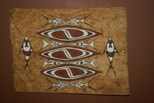 Rare Tapa Kapa Bark Cloth (Called Kapa in Hawaii), from Lake Sentani, Irian Jaya, Papua New Guinea. Hand painted by a Tribal Artist with natural pigments,: Abstract Geometric Stylized Fish and Shield Motifs 27" x 19.5" No 43