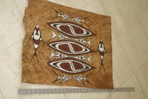 Rare Tapa Kapa Bark Cloth (Called Kapa in Hawaii), from Lake Sentani, Irian Jaya, Papua New Guinea. Hand painted by a Tribal Artist with natural pigments,: Abstract Geometric Stylized Fish and Shield Motifs 27" x 19.5" No 43