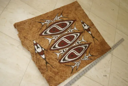 Rare Tapa Kapa Bark Cloth (Called Kapa in Hawaii), from Lake Sentani, Irian Jaya, Papua New Guinea. Hand painted by a Tribal Artist with natural pigments,: Abstract Geometric Stylized Fish and Shield Motifs 27" x 19.5" No 43