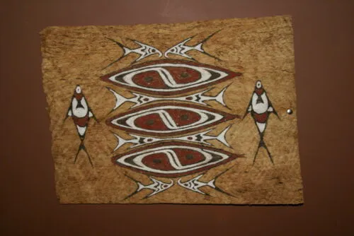 Rare Tapa Kapa Bark Cloth (Called Kapa in Hawaii), from Lake Sentani, Irian Jaya, Papua New Guinea. Hand painted by a Tribal Artist with natural pigments,: Abstract Geometric Stylized Fish and Shield Motifs 27" x 19.5" No 43