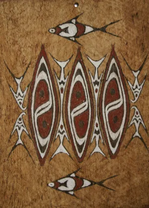 Rare Tapa Kapa Bark Cloth (Called Kapa in Hawaii), from Lake Sentani, Irian Jaya, Papua New Guinea. Hand painted by a Tribal Artist with natural pigments,: Abstract Geometric Stylized Fish and Shield Motifs 27" x 19.5" No 43