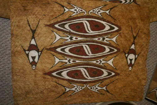 Rare Tapa Kapa Bark Cloth (Called Kapa in Hawaii), from Lake Sentani, Irian Jaya, Papua New Guinea. Hand painted by a Tribal Artist with natural pigments,: Abstract Geometric Stylized Fish and Shield Motifs 27" x 19.5" No 43