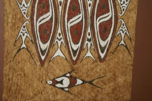 Rare Tapa Kapa Bark Cloth (Called Kapa in Hawaii), from Lake Sentani, Irian Jaya, Papua New Guinea. Hand painted by a Tribal Artist with natural pigments,: Abstract Geometric Stylized Fish and Shield Motifs 27" x 19.5" No 43