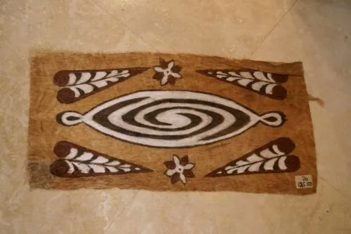 Rare Tapa Kapa Bark Cloth (Called Kapa in Hawaii), from Lake Sentani, Irian Jaya, Papua New Guinea. Hand painted by a Tribal Artist with natural pigments, Abstract Geometric Stylized leaves & flowers Motifs 21,5"x10" No 21