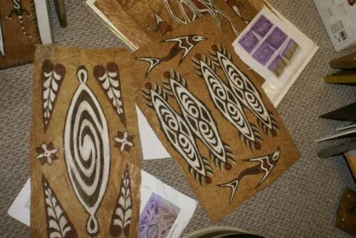 Rare Tapa Kapa Bark Cloth (Called Kapa in Hawaii), from Lake Sentani, Irian Jaya, Papua New Guinea. Hand painted by a Tribal Artist with natural pigments, Abstract Geometric Stylized leaves & flowers Motifs 21,5"x10" No 21