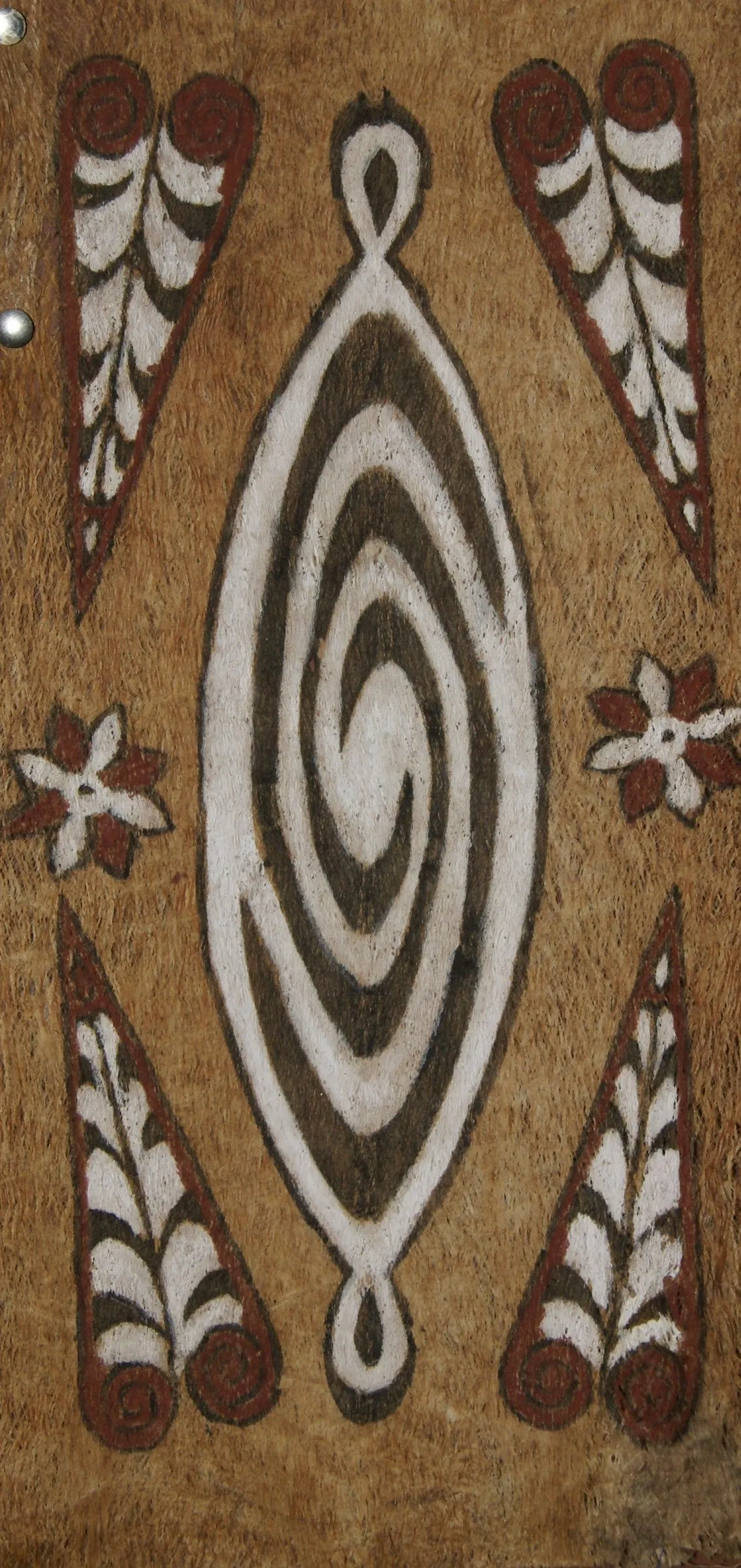 Rare Tapa Kapa Bark Cloth (Called Kapa in Hawaii), from Lake Sentani, Irian Jaya, Papua New Guinea. Hand painted by a Tribal Artist with natural pigments, Abstract Geometric Stylized leaves & flowers Motifs 21,5"x10" No 21