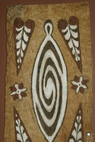 Rare Tapa Kapa Bark Cloth (Called Kapa in Hawaii), from Lake Sentani, Irian Jaya, Papua New Guinea. Hand painted by a Tribal Artist with natural pigments, Abstract Geometric Stylized leaves & flowers Motifs 21,5"x10" No 21