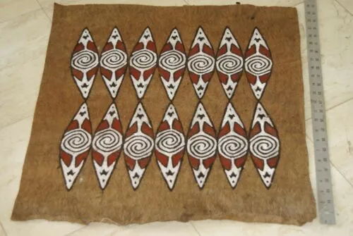 Rare Tapa Kapa Bark Cloth (Called Kapa in Hawaii), from Lake Sentani, Irian Jaya, Papua New Guinea. Hand painted by a Tribal Artist with natural pigments,: Abstract Geometric Stylized Shield Motifs 24" x 22" No 2