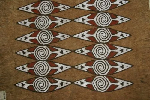 Rare Tapa Kapa Bark Cloth (Called Kapa in Hawaii), from Lake Sentani, Irian Jaya, Papua New Guinea. Hand painted by a Tribal Artist with natural pigments,: Abstract Geometric Stylized Shield Motifs 24" x 22" No 2