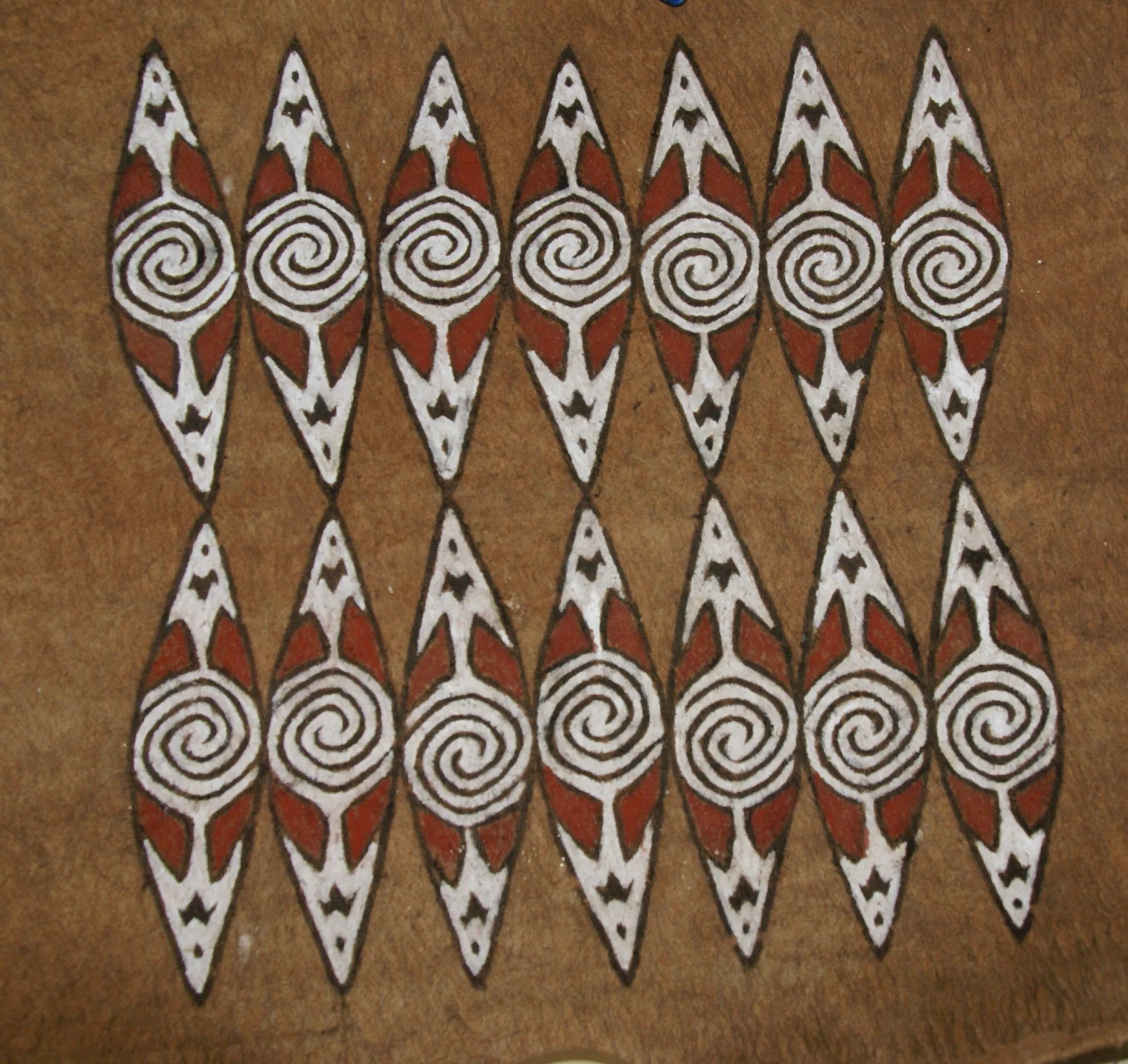 Rare Tapa Kapa Bark Cloth (Called Kapa in Hawaii), from Lake Sentani, Irian Jaya, Papua New Guinea. Hand painted by a Tribal Artist with natural pigments,: Abstract Geometric Stylized Shield Motifs 24" x 22" No 2