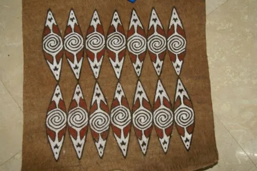 Rare Tapa Kapa Bark Cloth (Called Kapa in Hawaii), from Lake Sentani, Irian Jaya, Papua New Guinea. Hand painted by a Tribal Artist with natural pigments,: Abstract Geometric Stylized Shield Motifs 24" x 22" No 2