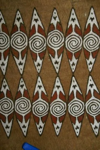 Rare Tapa Kapa Bark Cloth (Called Kapa in Hawaii), from Lake Sentani, Irian Jaya, Papua New Guinea. Hand painted by a Tribal Artist with natural pigments,: Abstract Geometric Stylized Shield Motifs 24" x 22" No 2