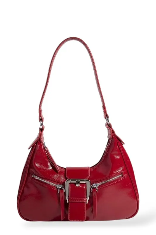 Red Crescent Shaped Buckle Detail Shoulder Bag